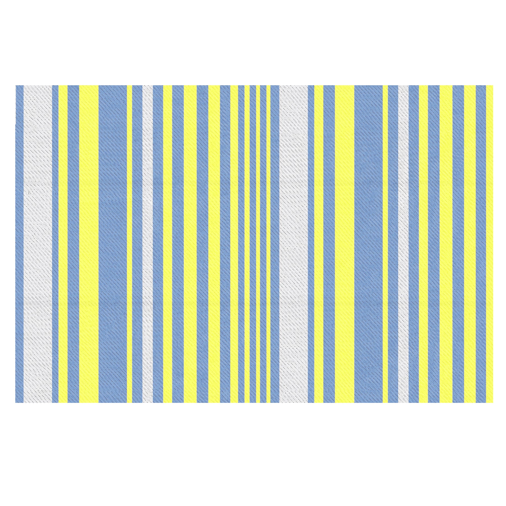 Striped rug with blue, yellow, and white stripes on a white background