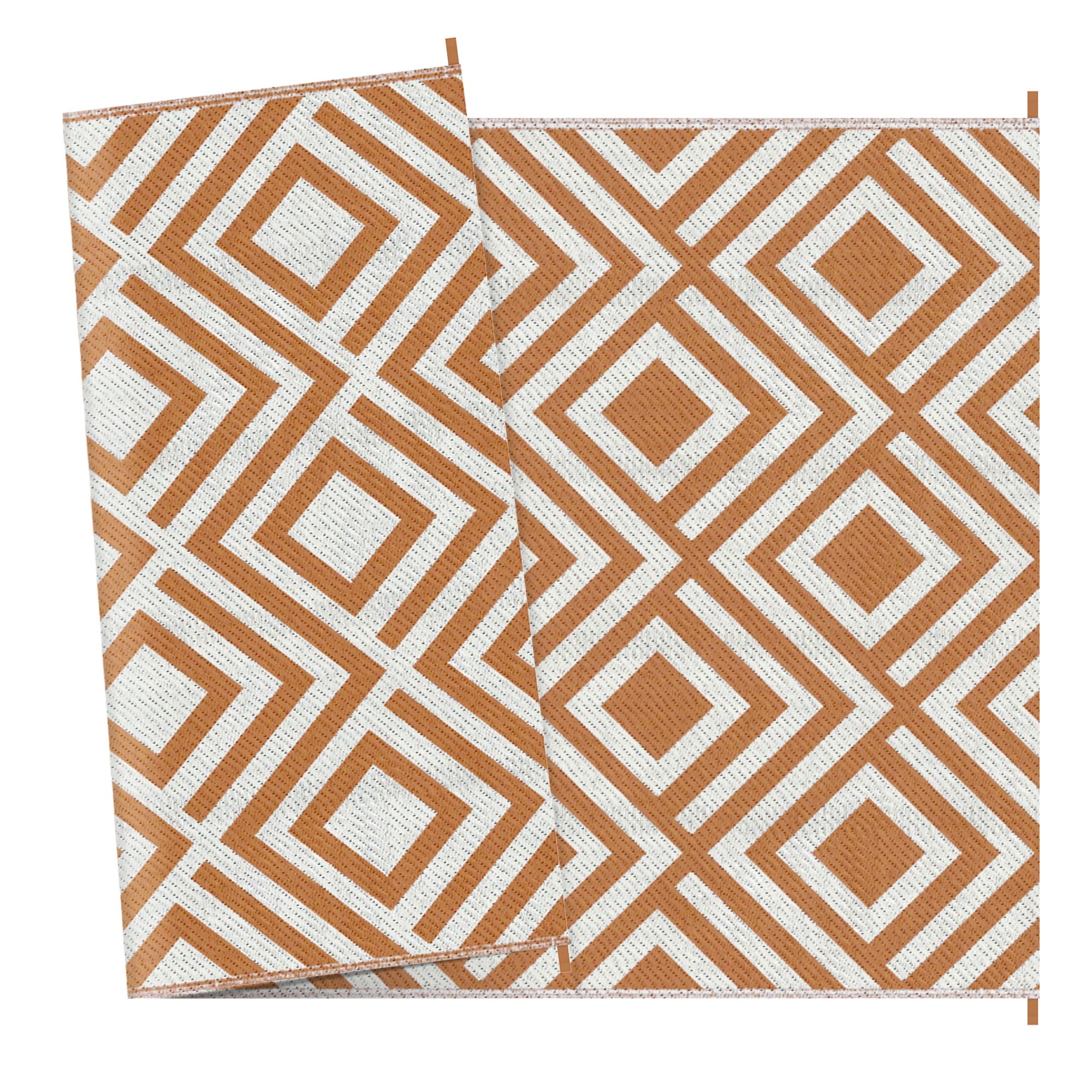 Patterned rug with geometric designs on a white background