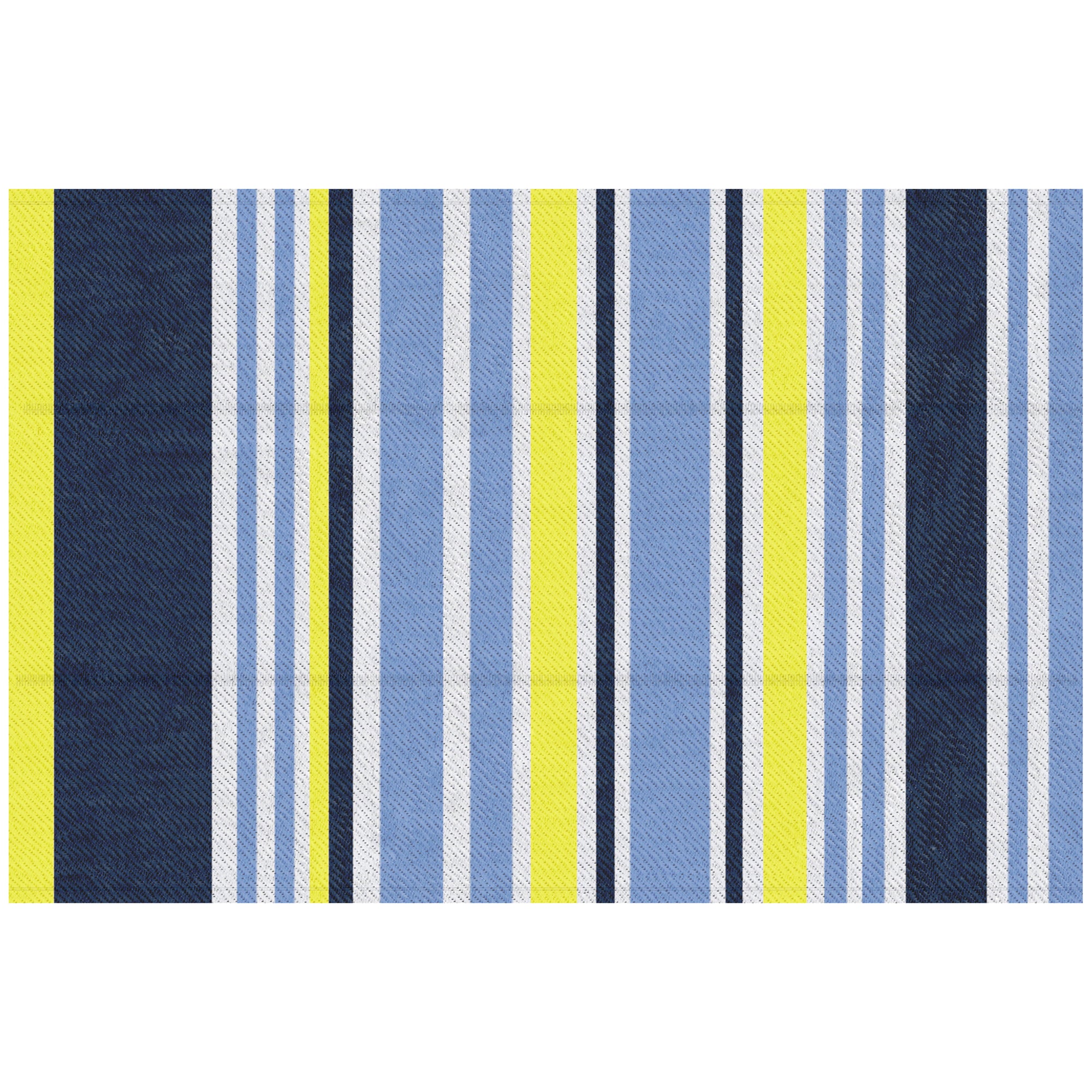 Striped rug with blue, yellow, and white pattern on a white background