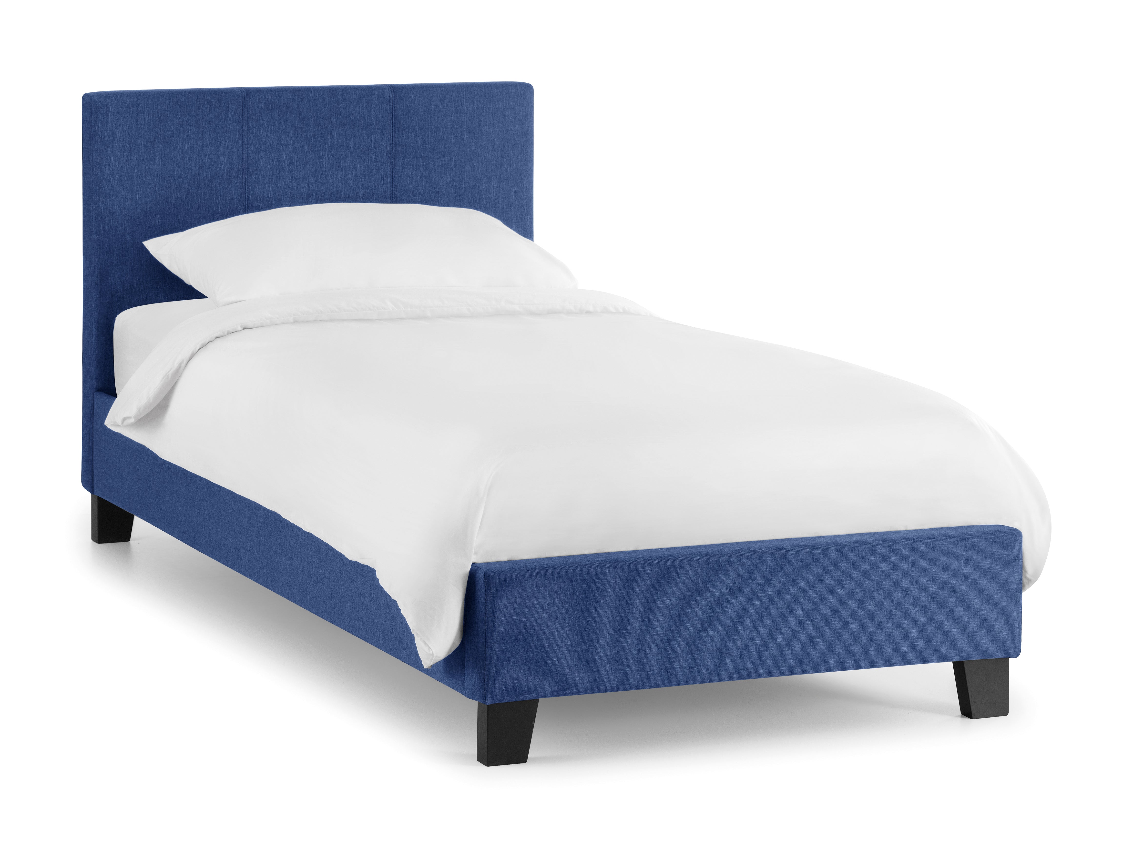 Blue bed frame with white bedding on a white background