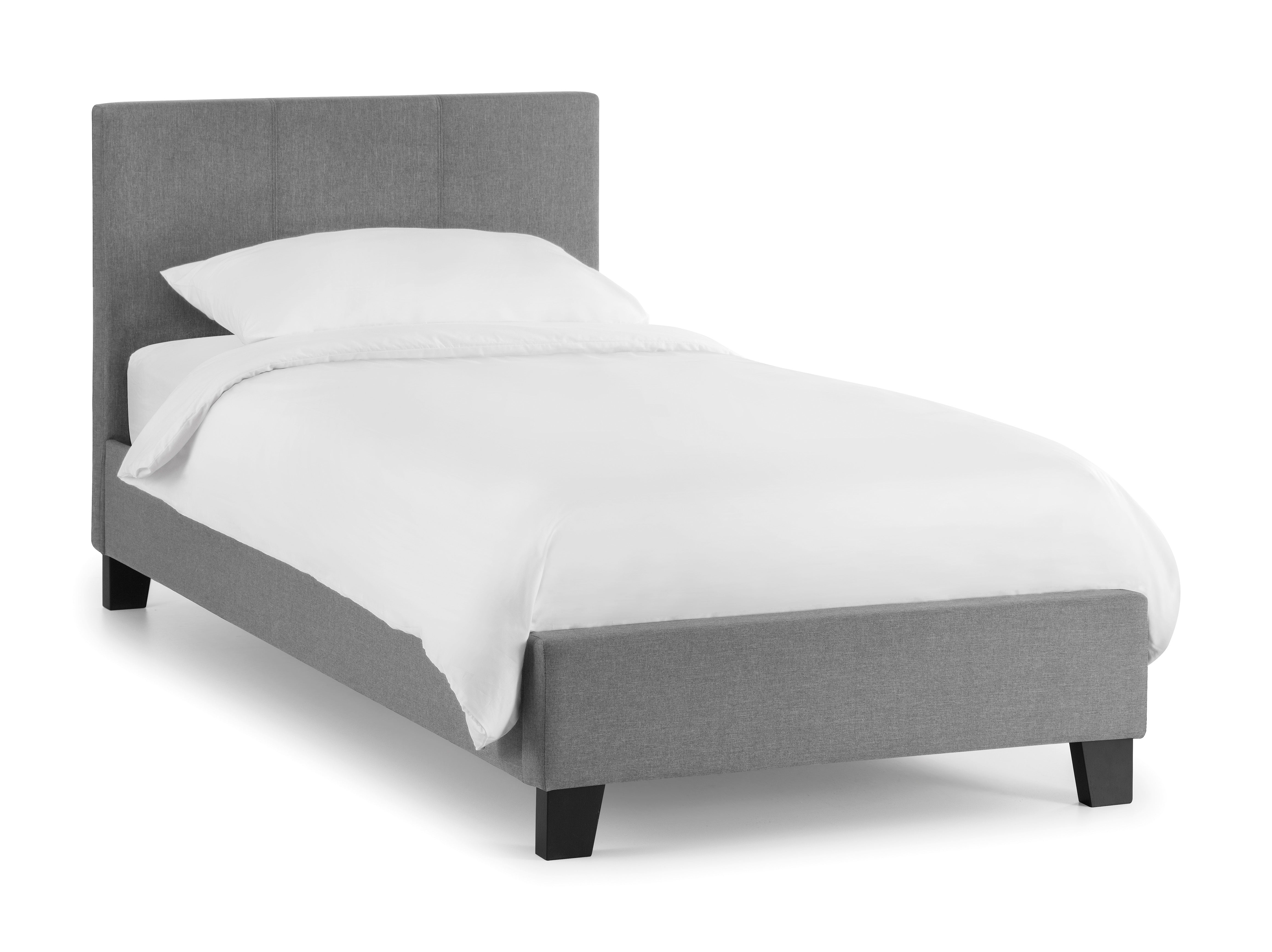 Gray upholstered bed with white bedding on a white background
