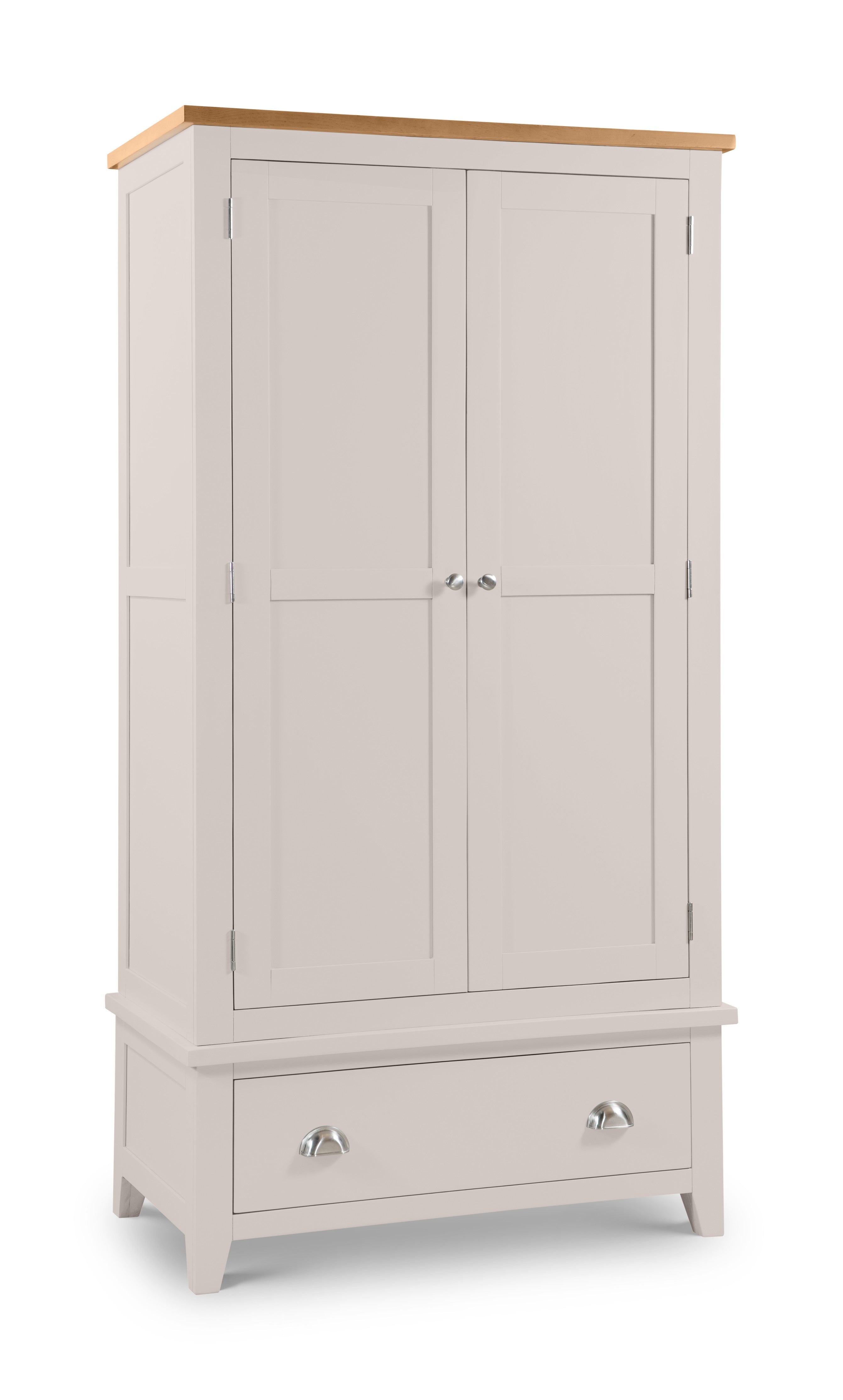 White wardrobe with wooden top on a white background