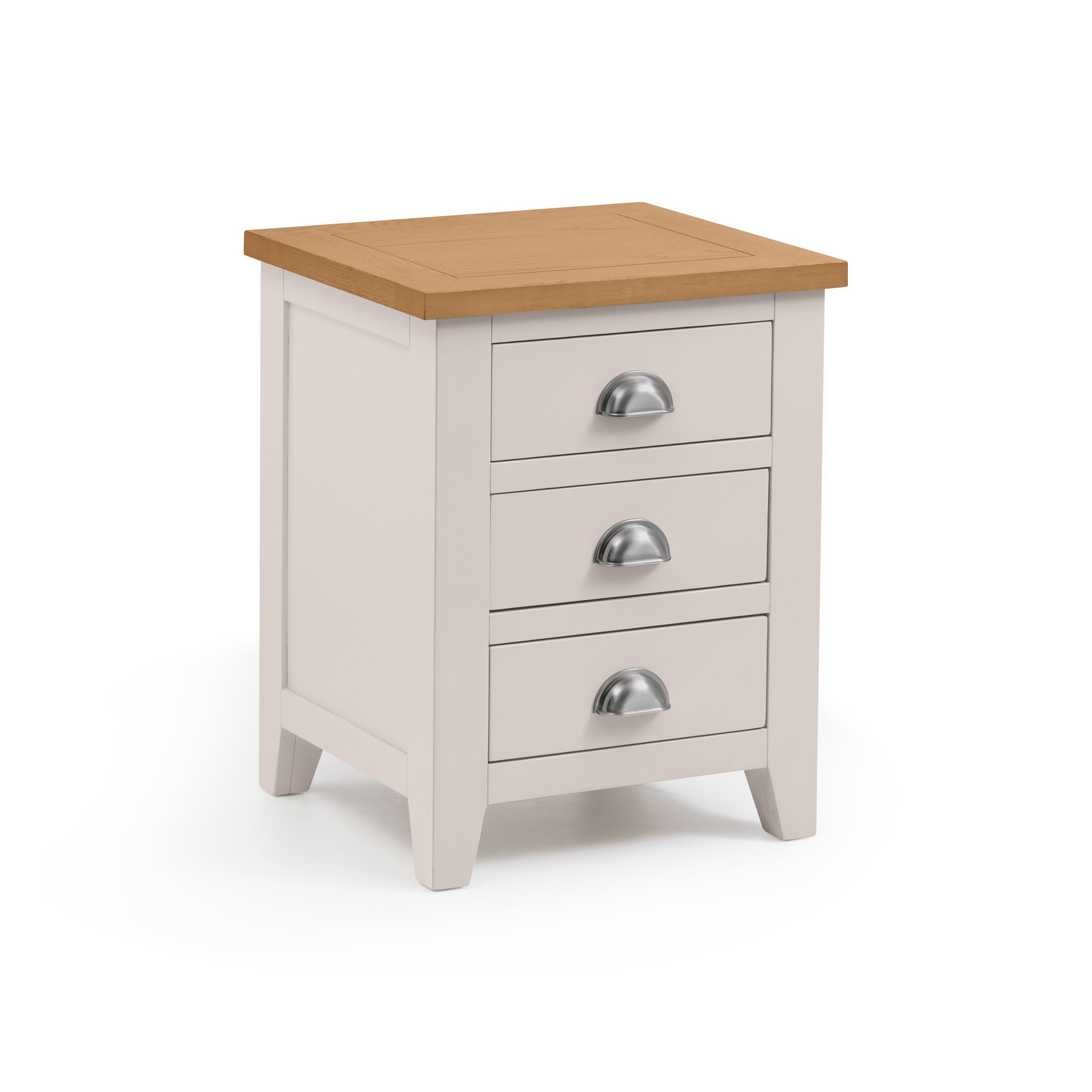 White three-drawer nightstand with a wooden top on a white background