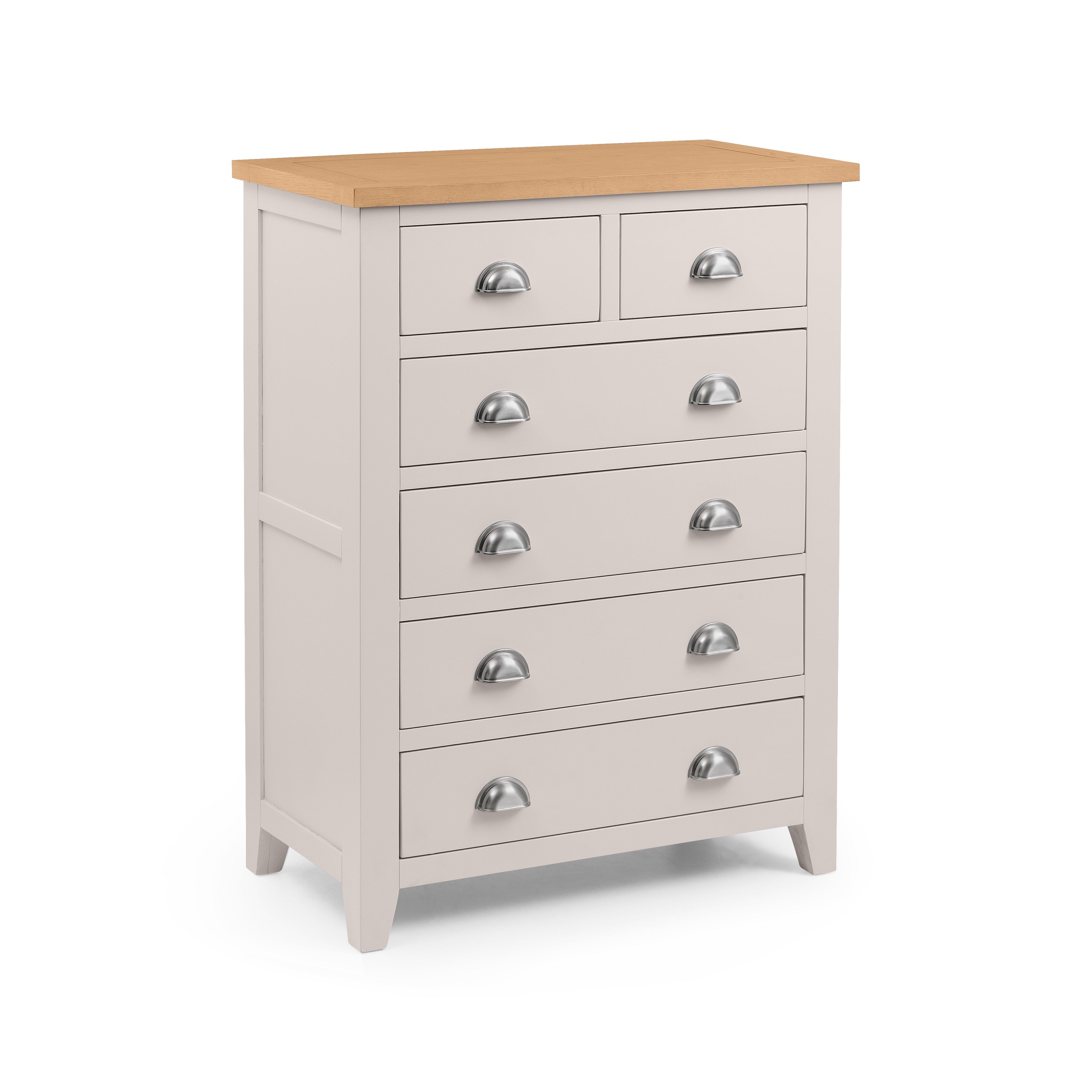 White dresser with five drawers and a wooden top on a white background