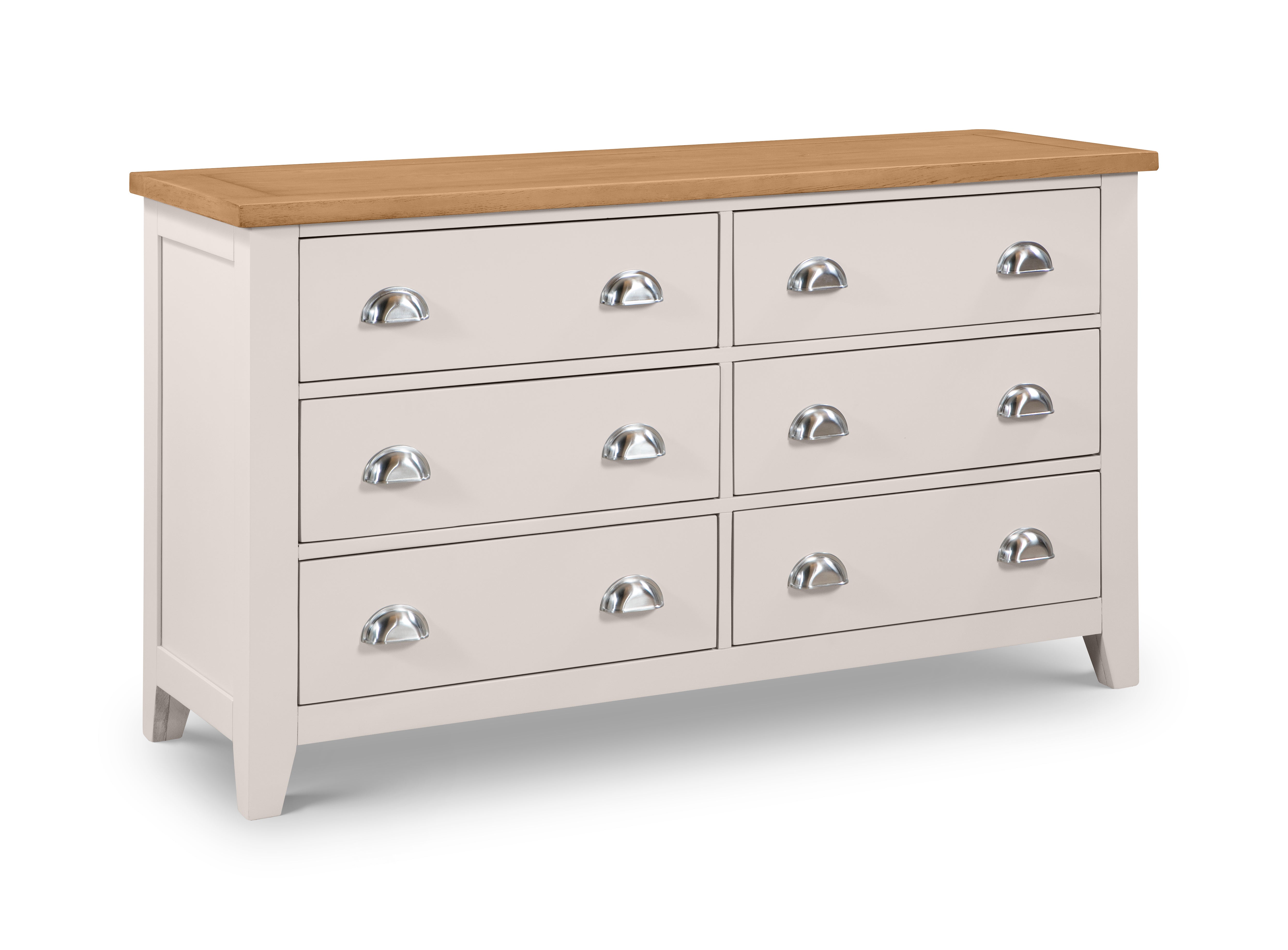 White dresser with six drawers and a wooden top on a white background