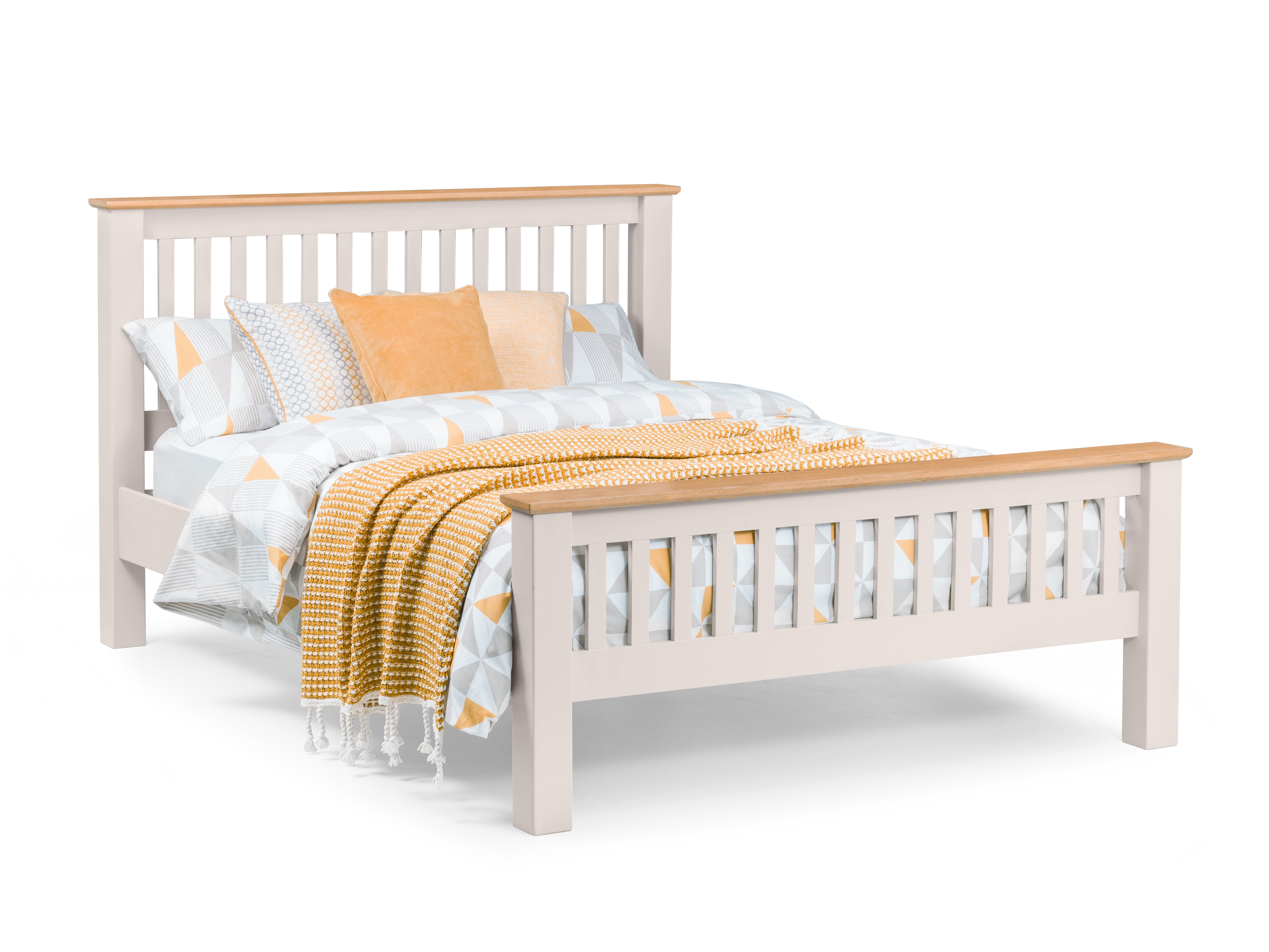 White bed frame with wooden accents and yellow bedding on a white background