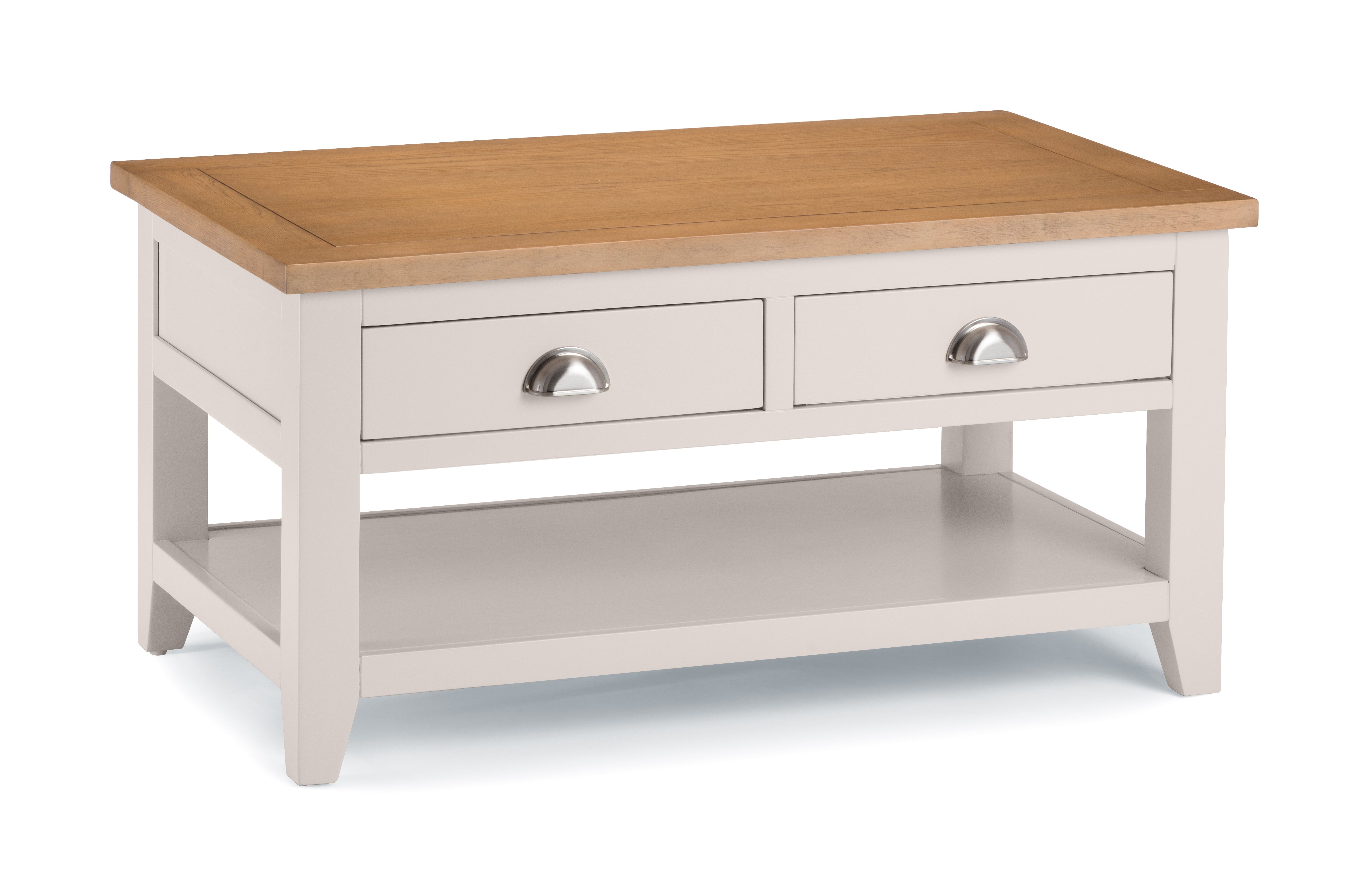 Wooden coffee table with a light gray base on a white background