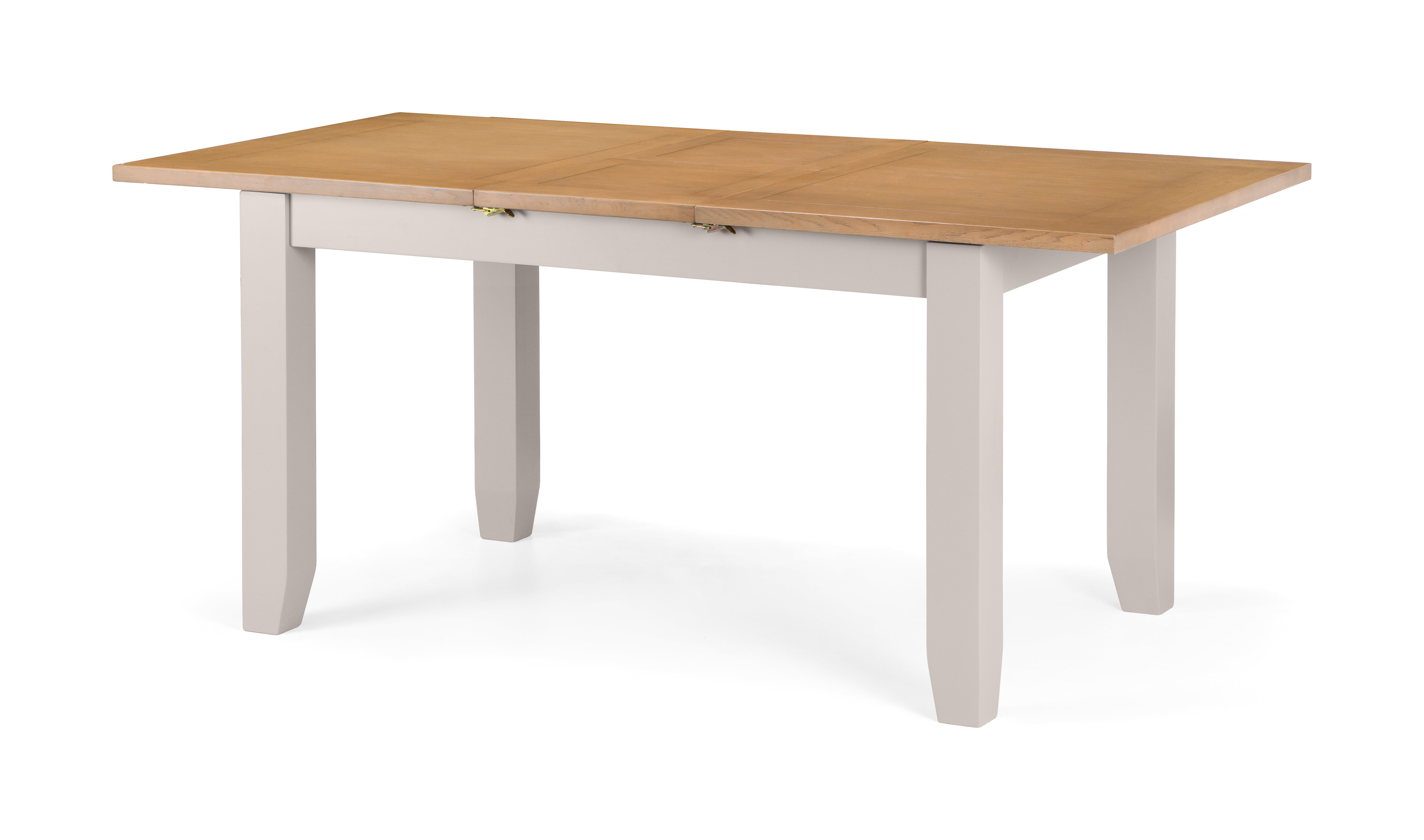 Dining table with wooden top and white base on a white background