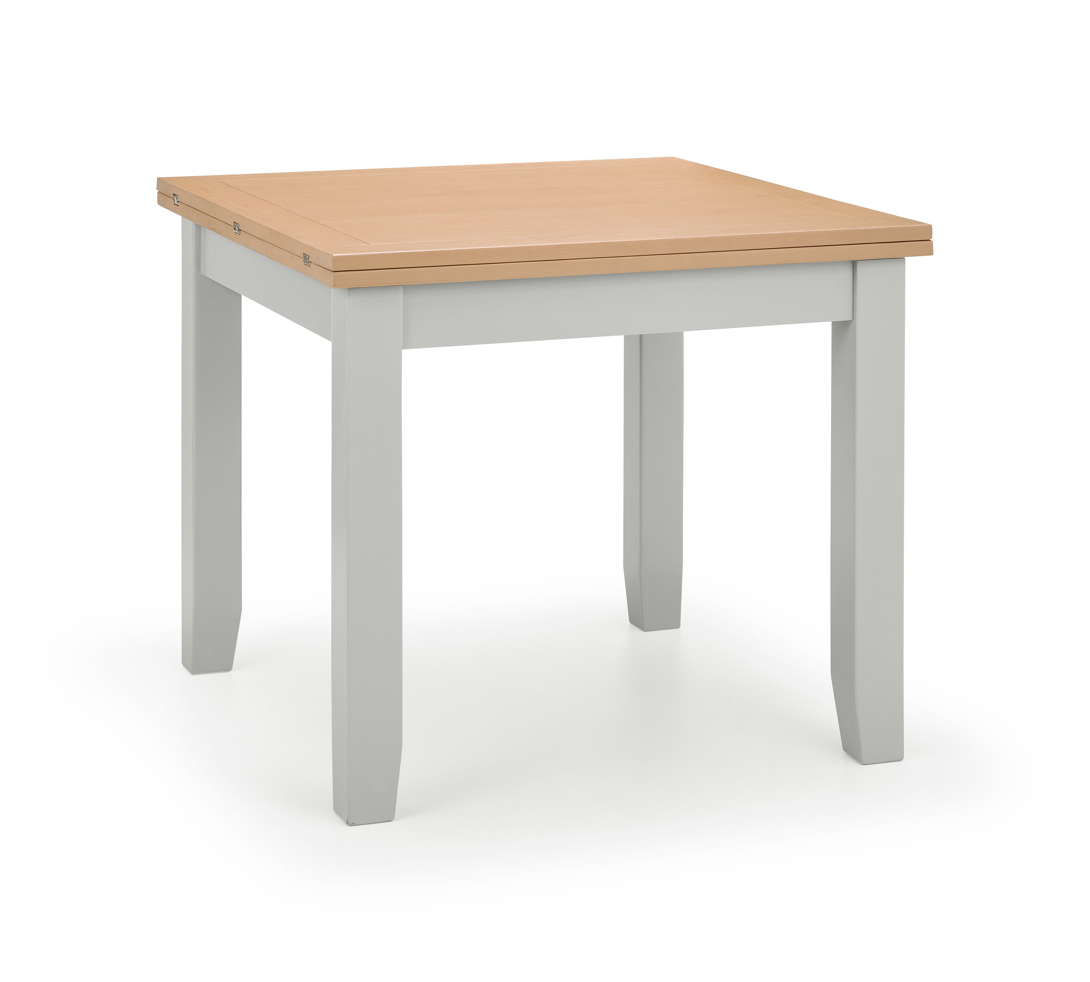 Square table with wooden top and gray base on a white background