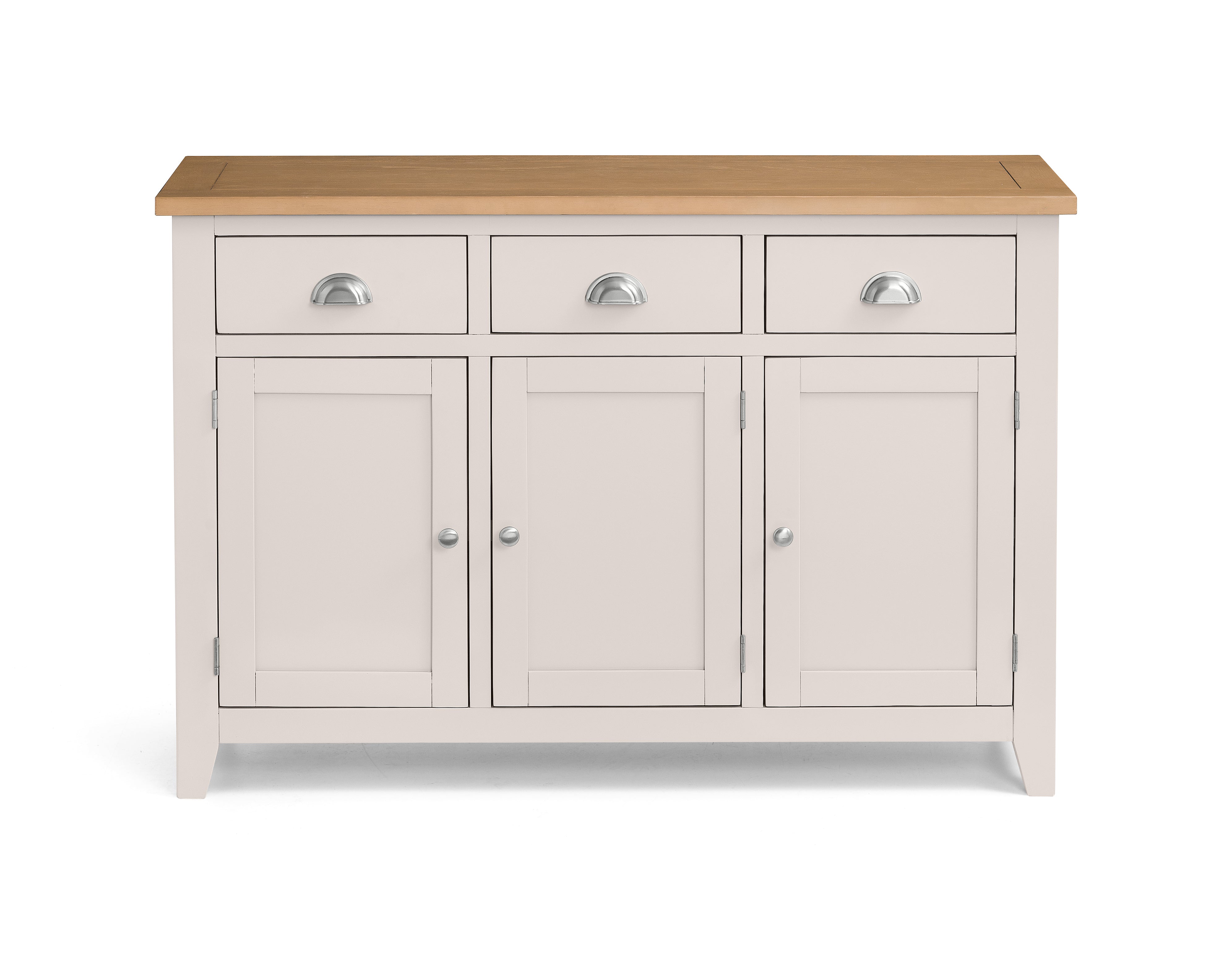 White sideboard with wooden top on a white background
