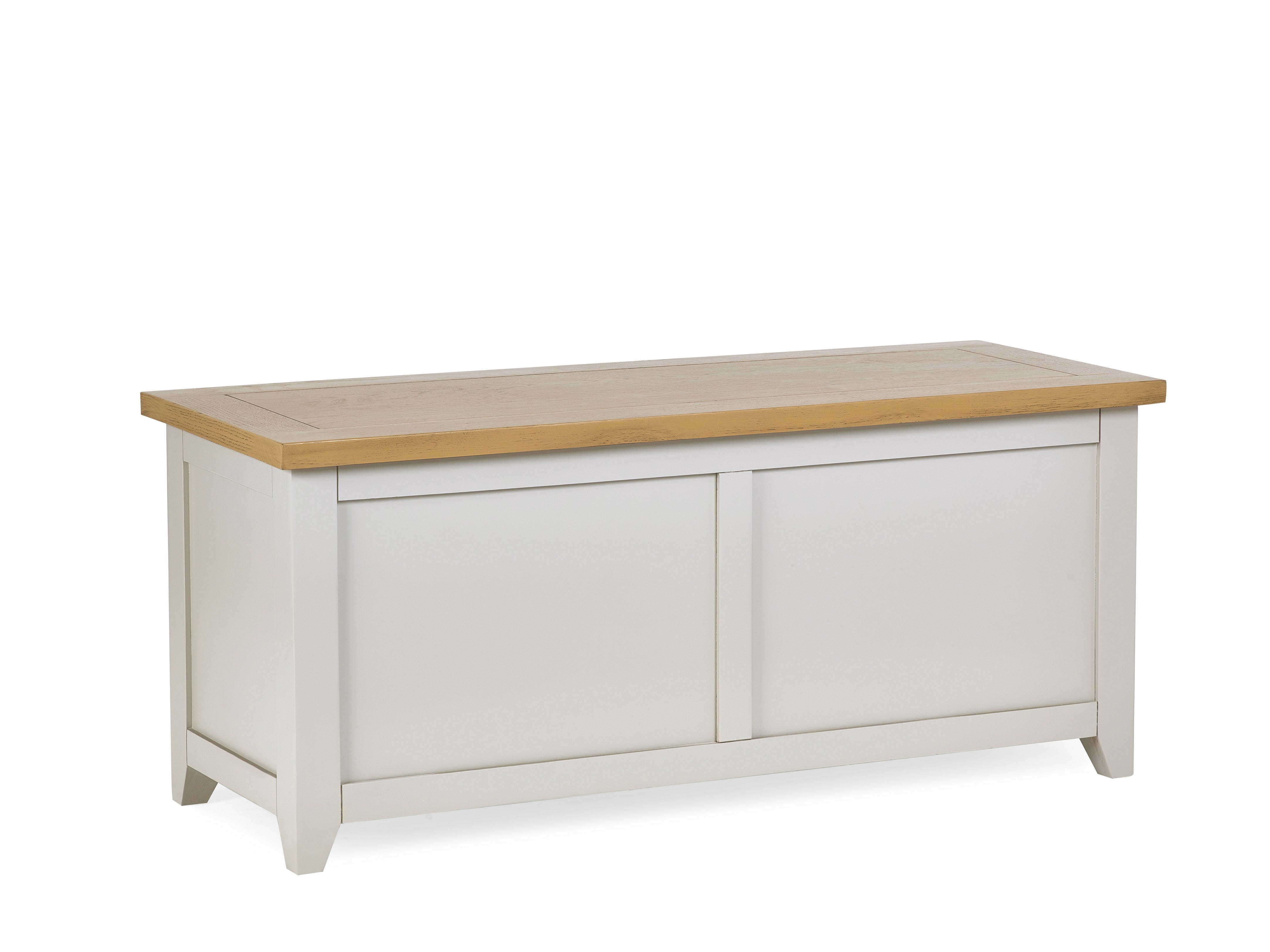 White storage bench with a wooden top on a white background
