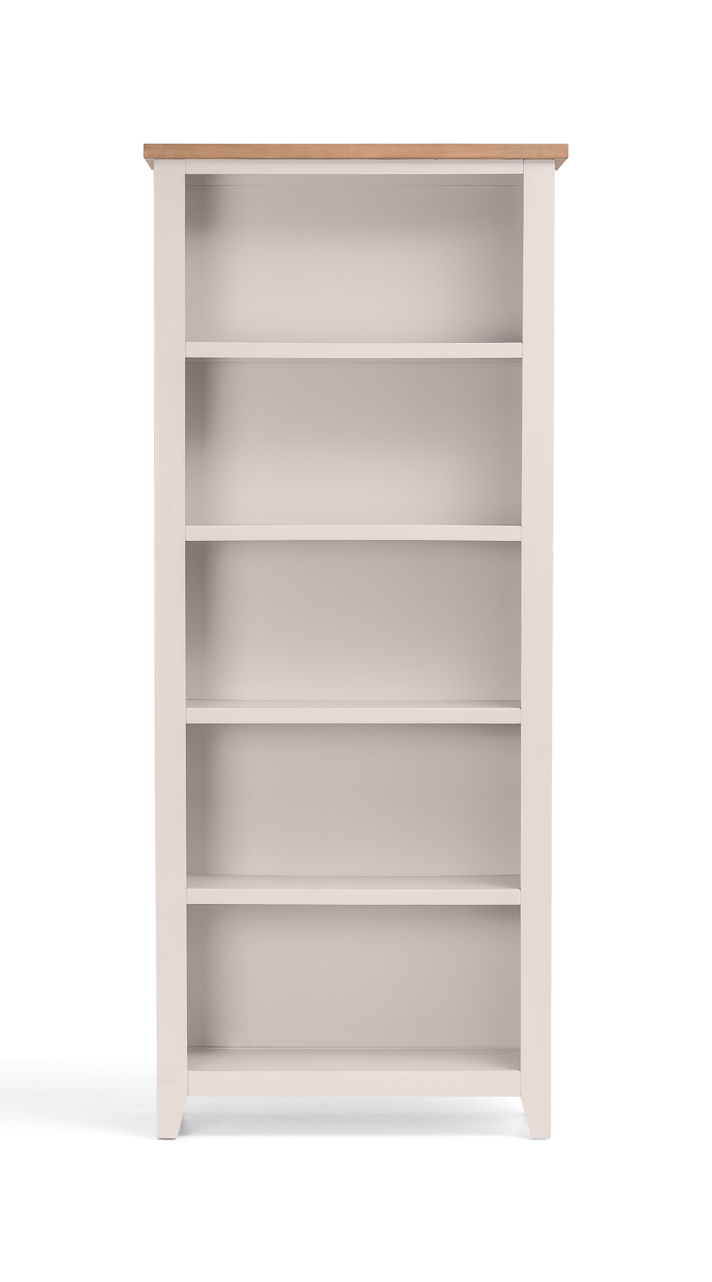 Tall white bookshelf with a wooden top on a white background