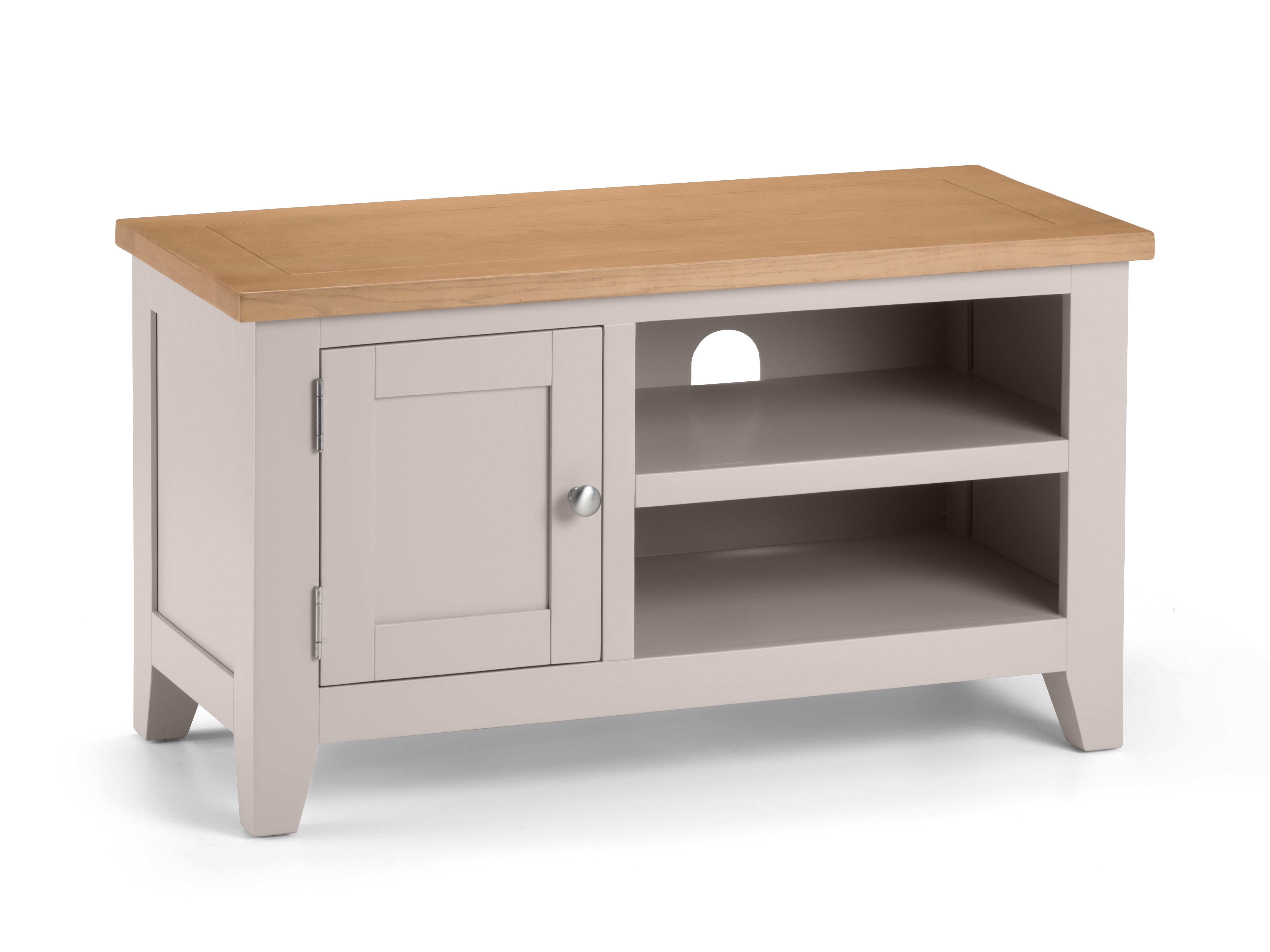 Wooden TV stand with a light gray base on a white background