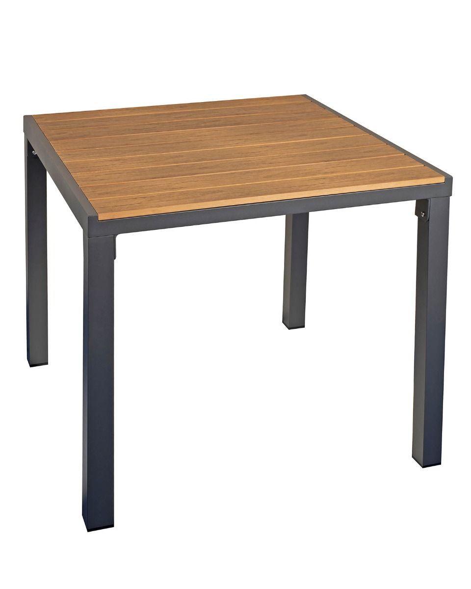 Square table with wooden top and gray metal legs on a white background