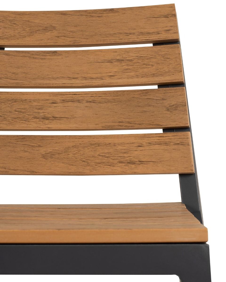 Wooden bench with slatted design on a white background