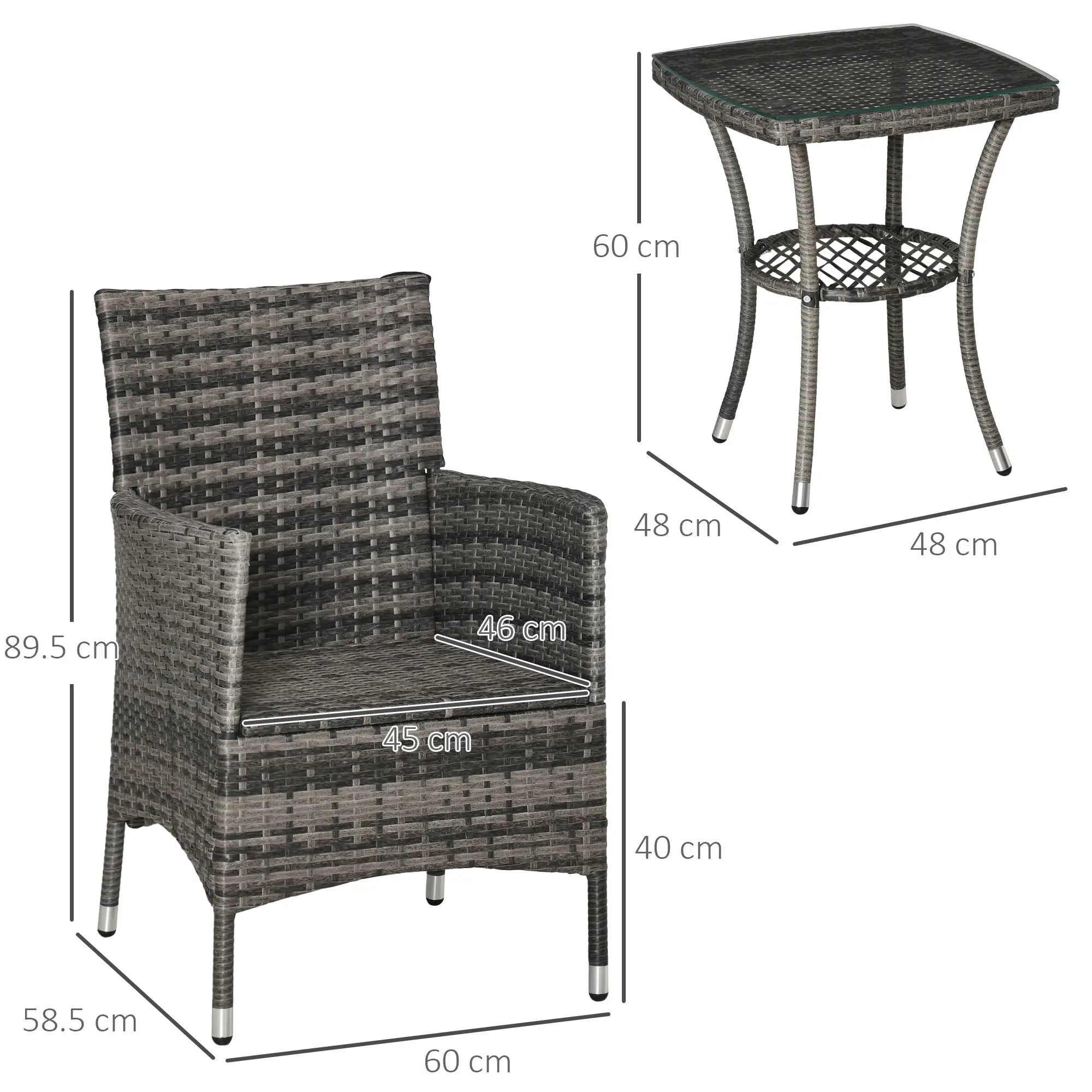 Wicker chair and table set with dimensions on a white background