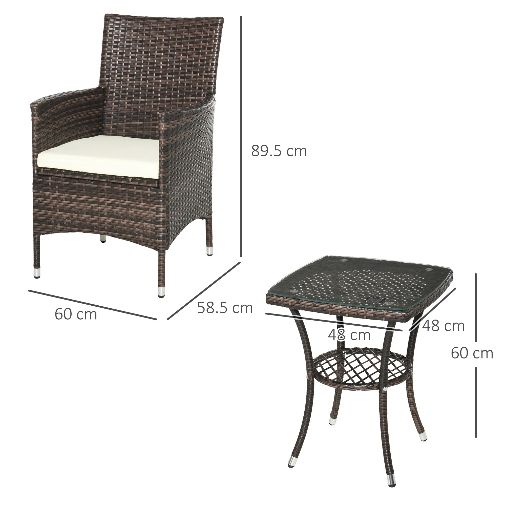 Wicker chair and table set with dimensions on a white background