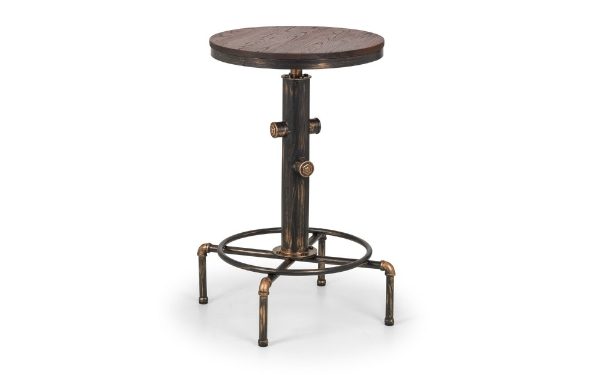 Round metal table with adjustable height on a white background