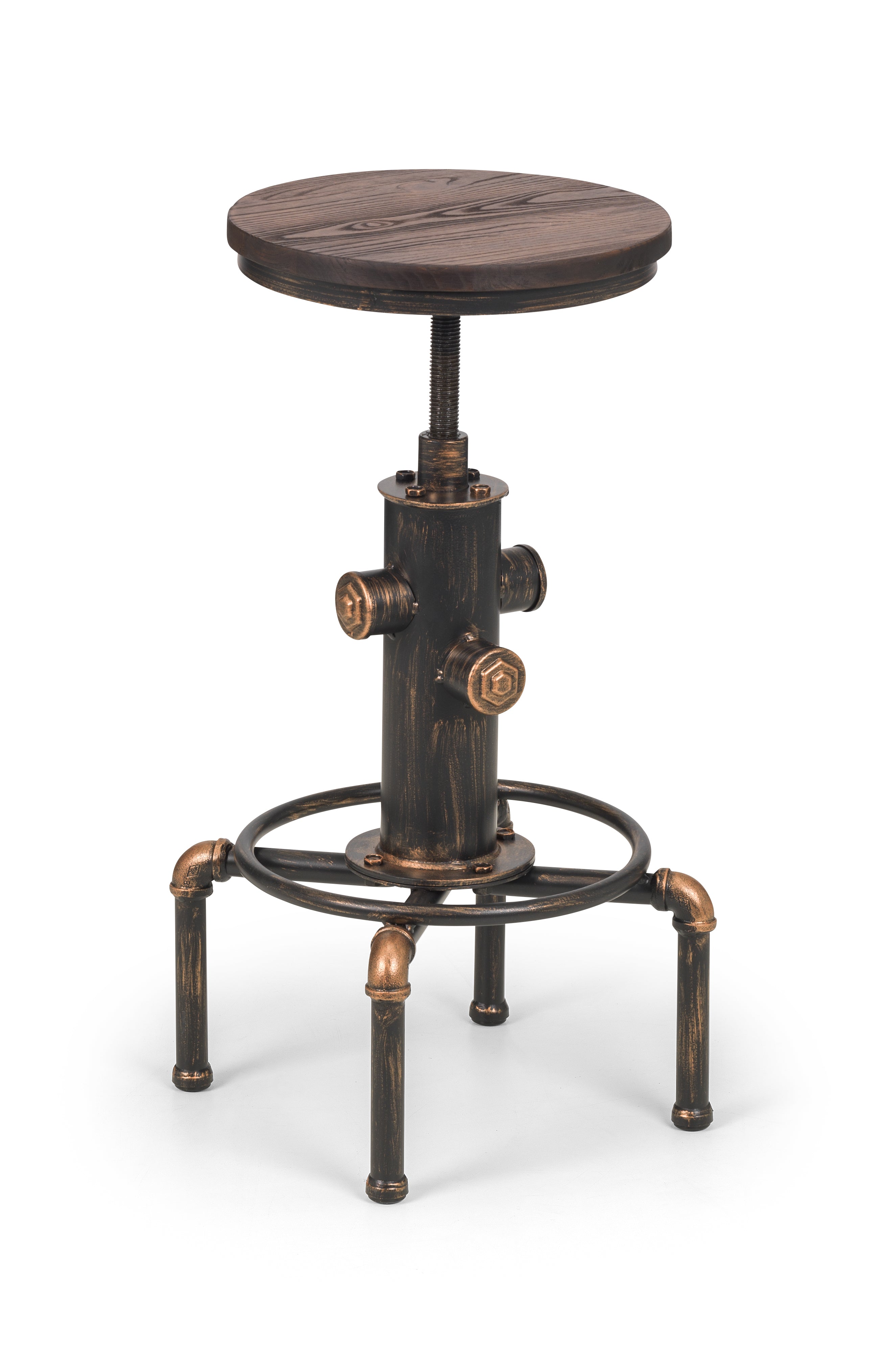 Wooden stool with industrial-style metal base on a white background
