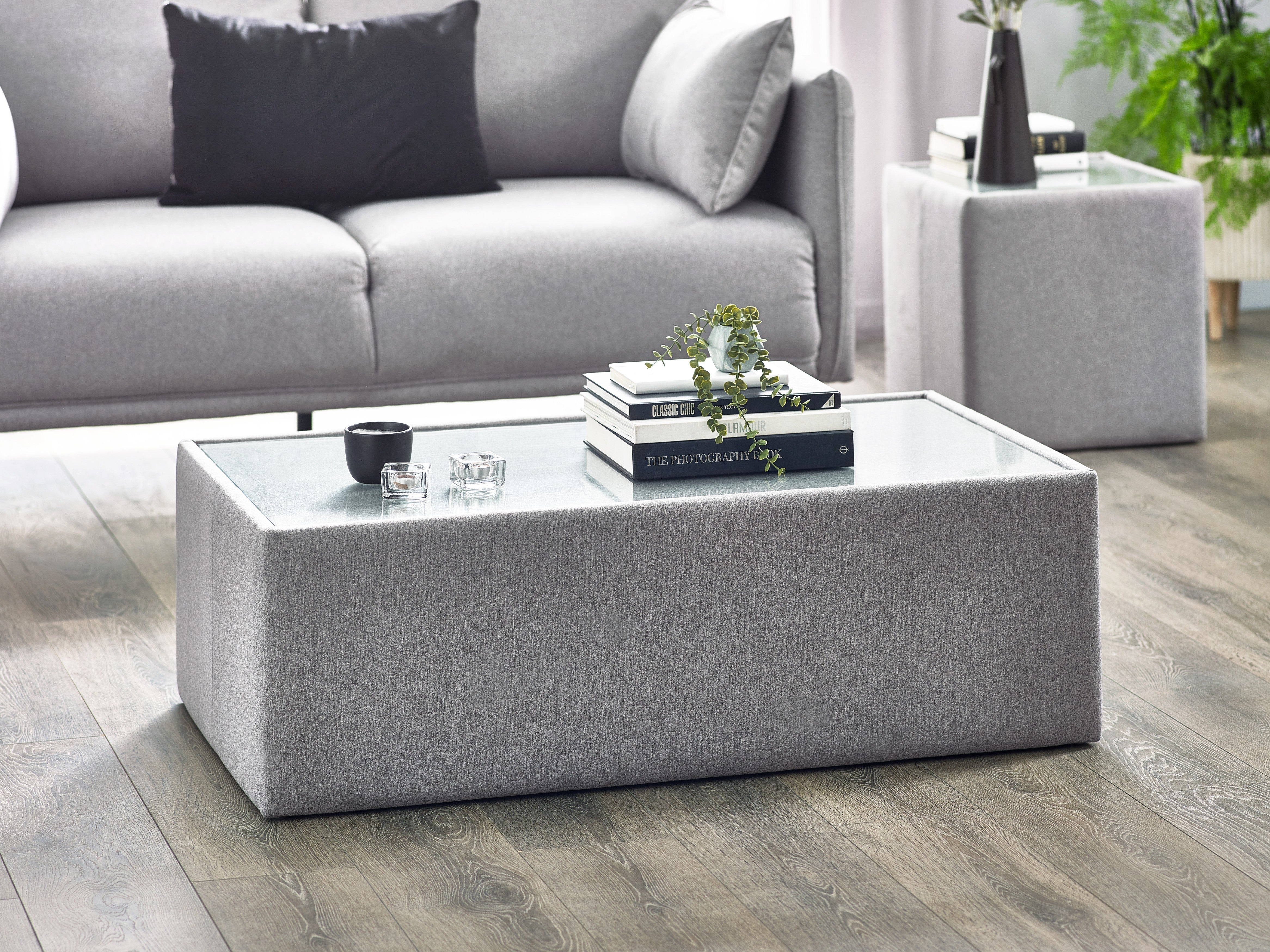 Gray coffee table with decorative items in a living room setting