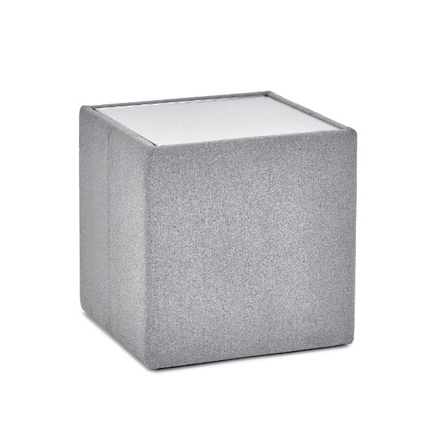 Gray cube-shaped ottoman on a white background