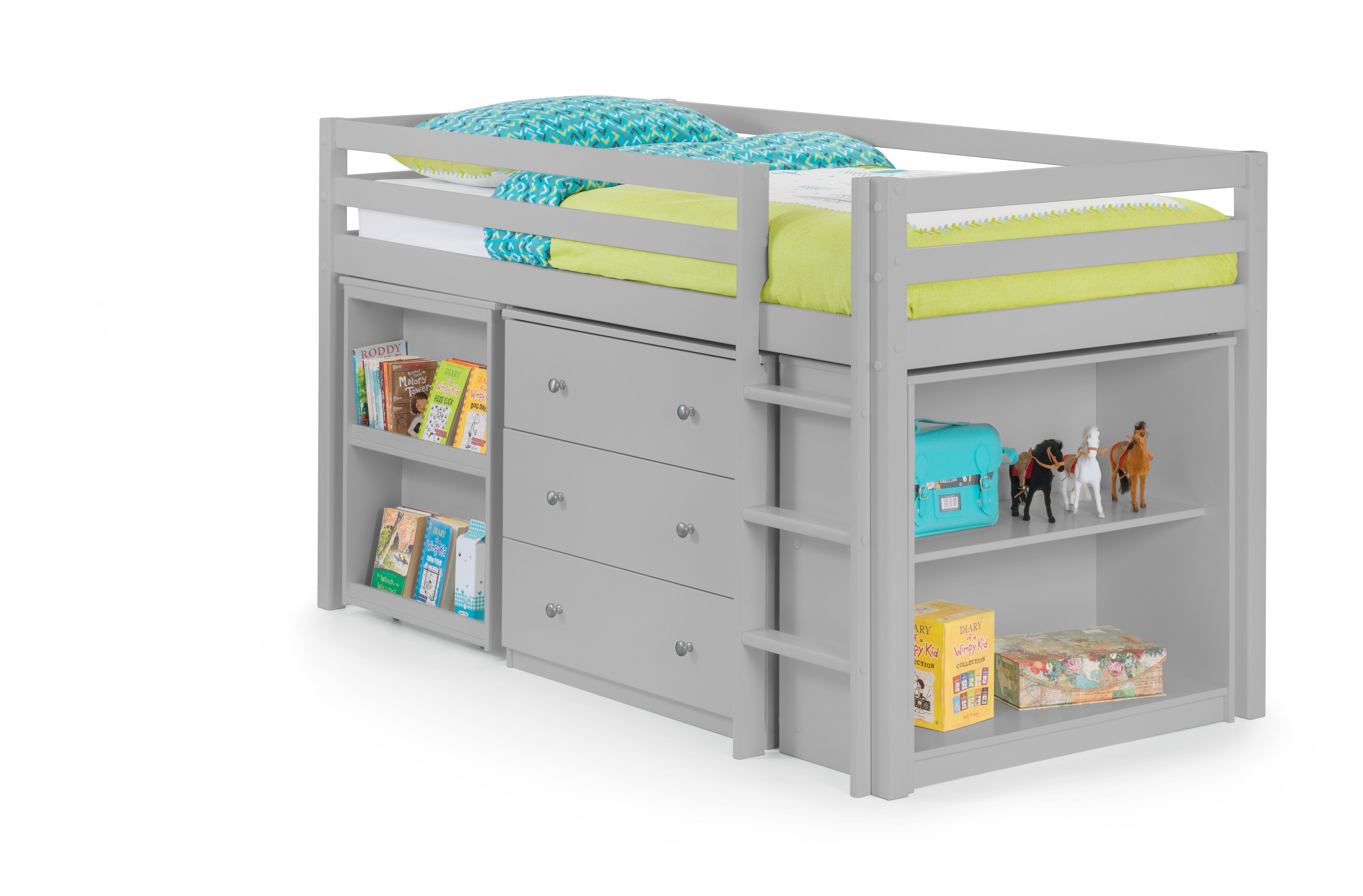 Gray children's bed with storage drawers and shelves on a white background