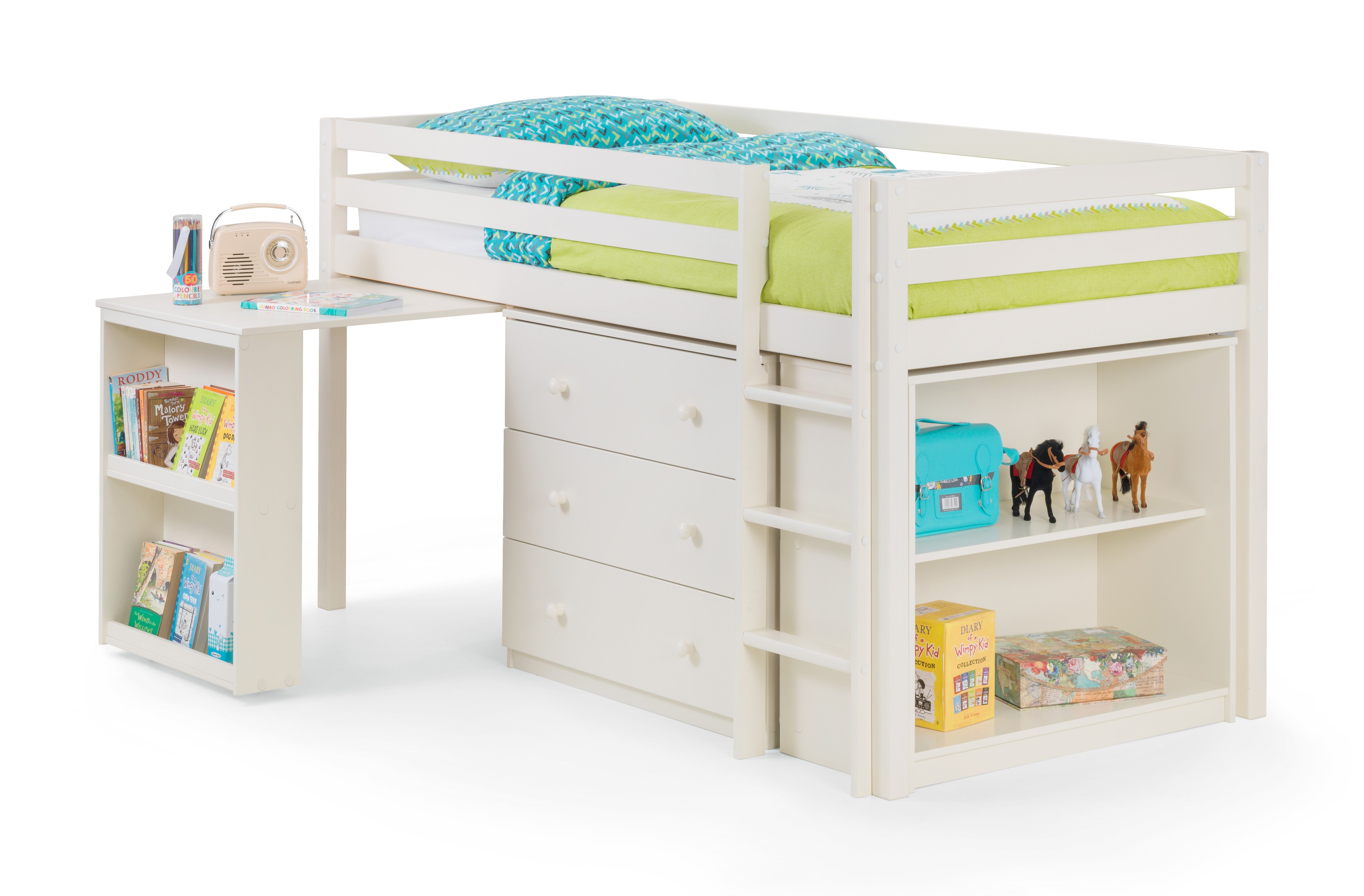 White children's bed with desk and shelves on a white background