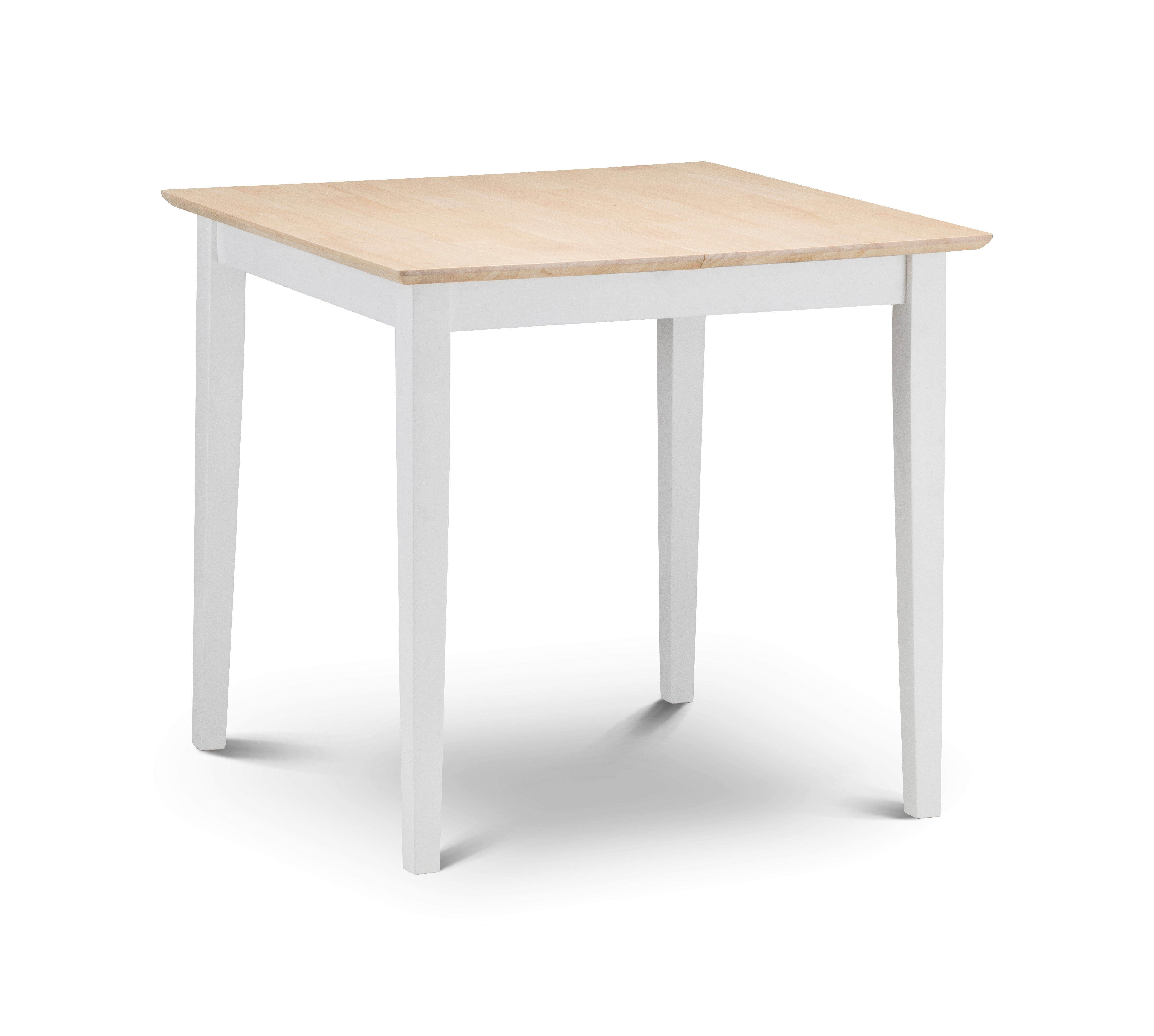 Square table with wooden top and white legs on a white background