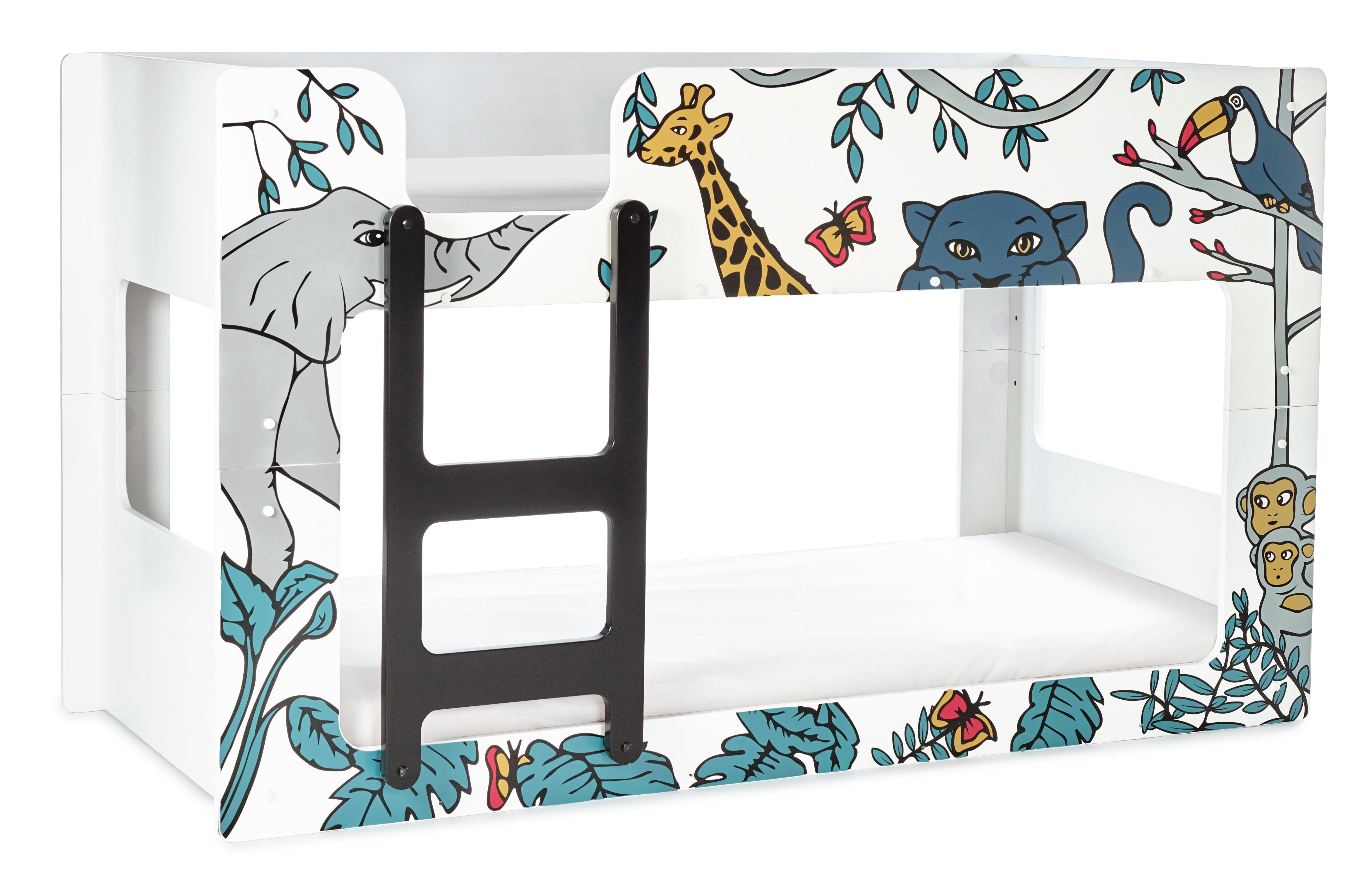 Children's playpen with jungle-themed design featuring animals and plants.