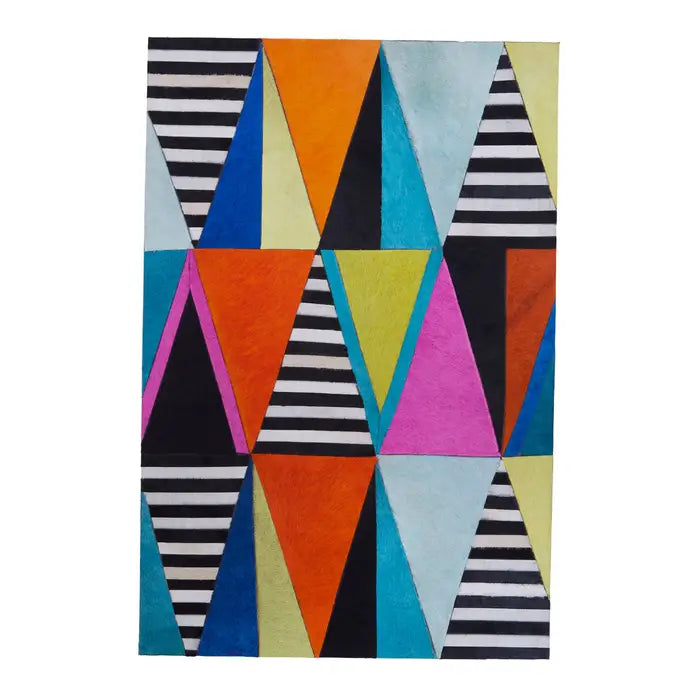 Colorful geometric patterned rug with triangles and stripes on a white background
