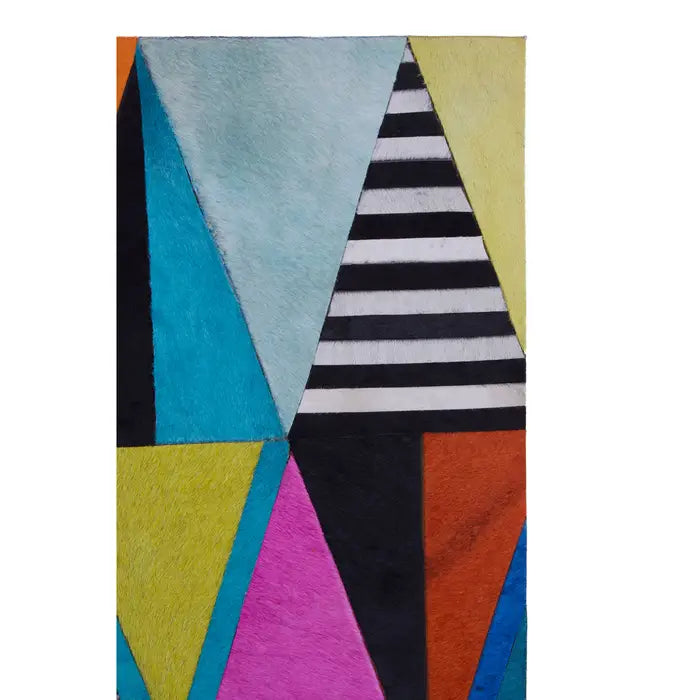 Colorful geometric-patterned rug with triangles on a white background