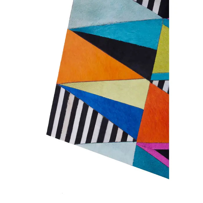 Colorful geometric-patterned rug on a white background