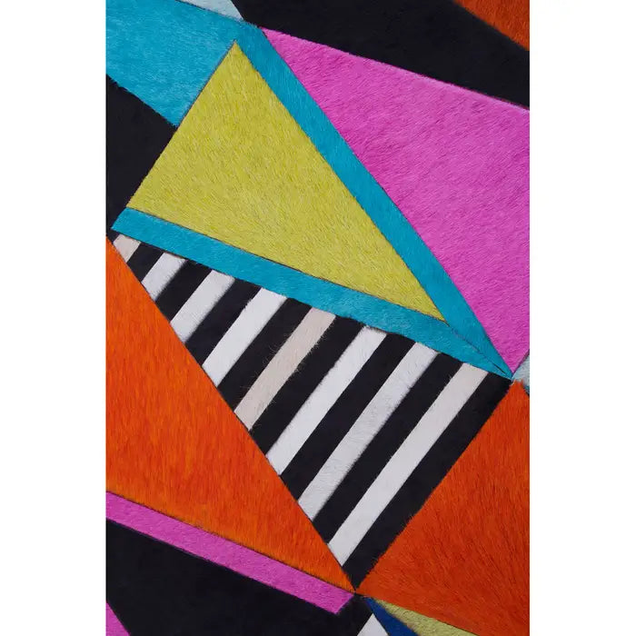 Colorful geometric patterned fabric with triangles and stripes on a white background