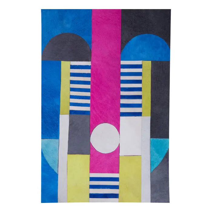 Colorful geometric-patterned rug on a white background