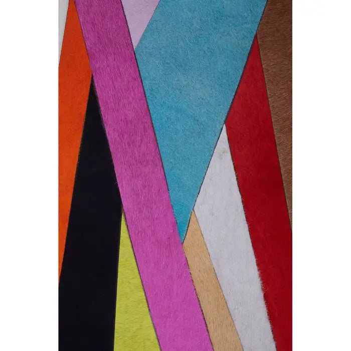 Colorful geometric patterned rug with various colors on a white background