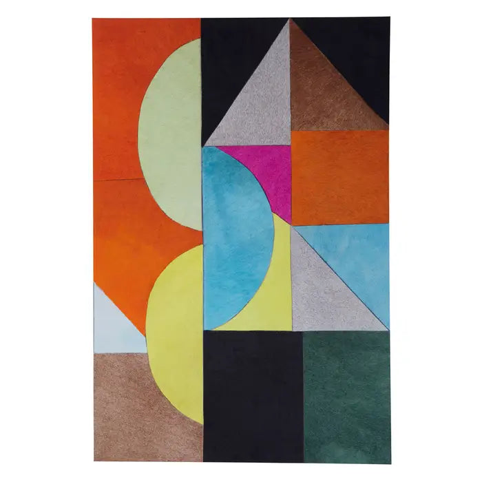 Multicolored geometric patterned wall art on a white background