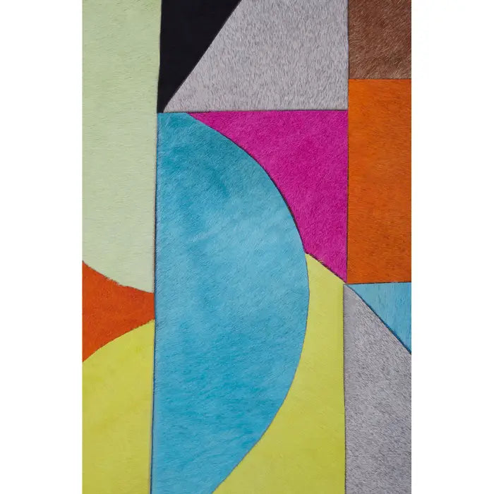 Colorful geometric-patterned wall art with various shapes and colors on a white background