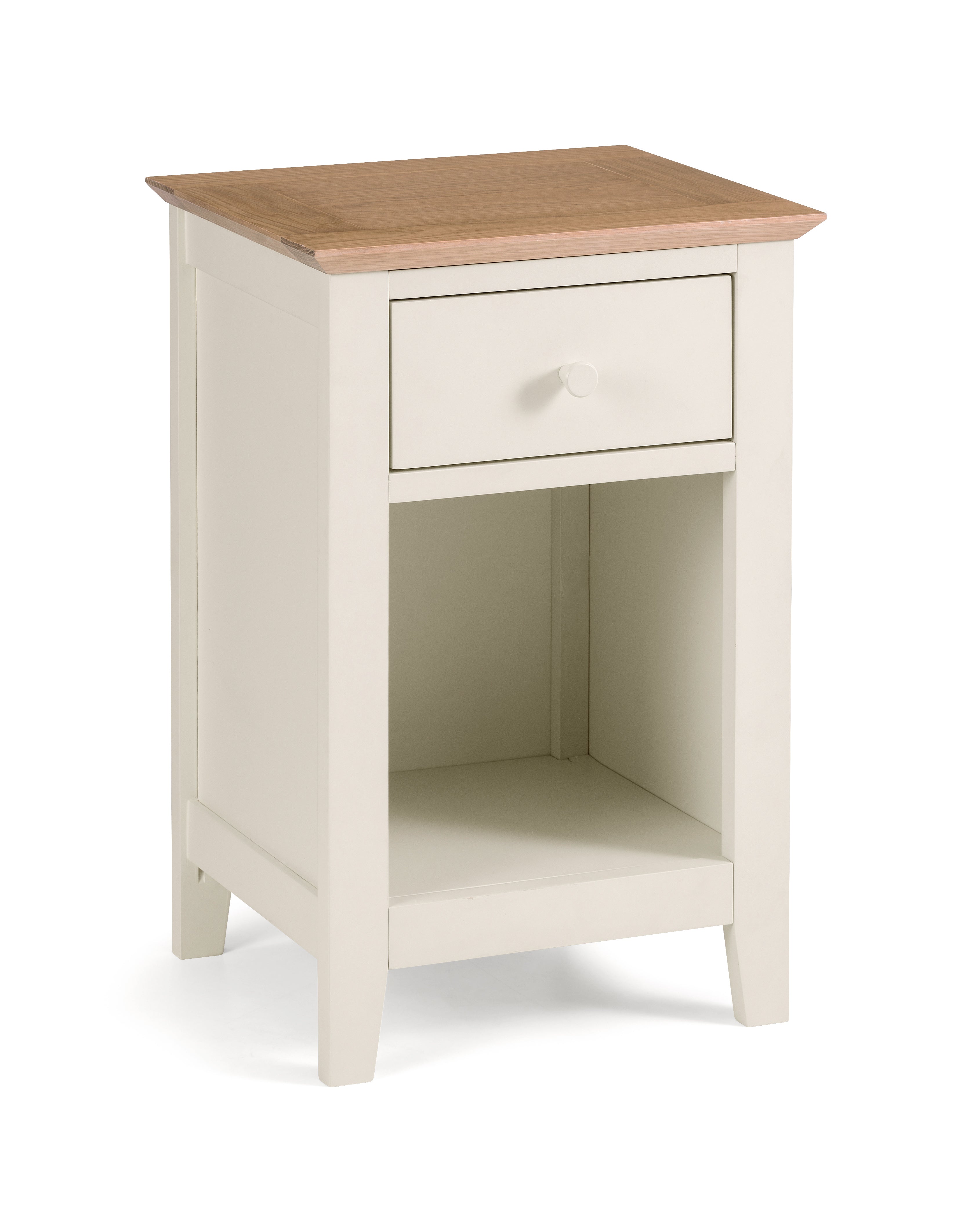 White nightstand with a wooden top on a white background