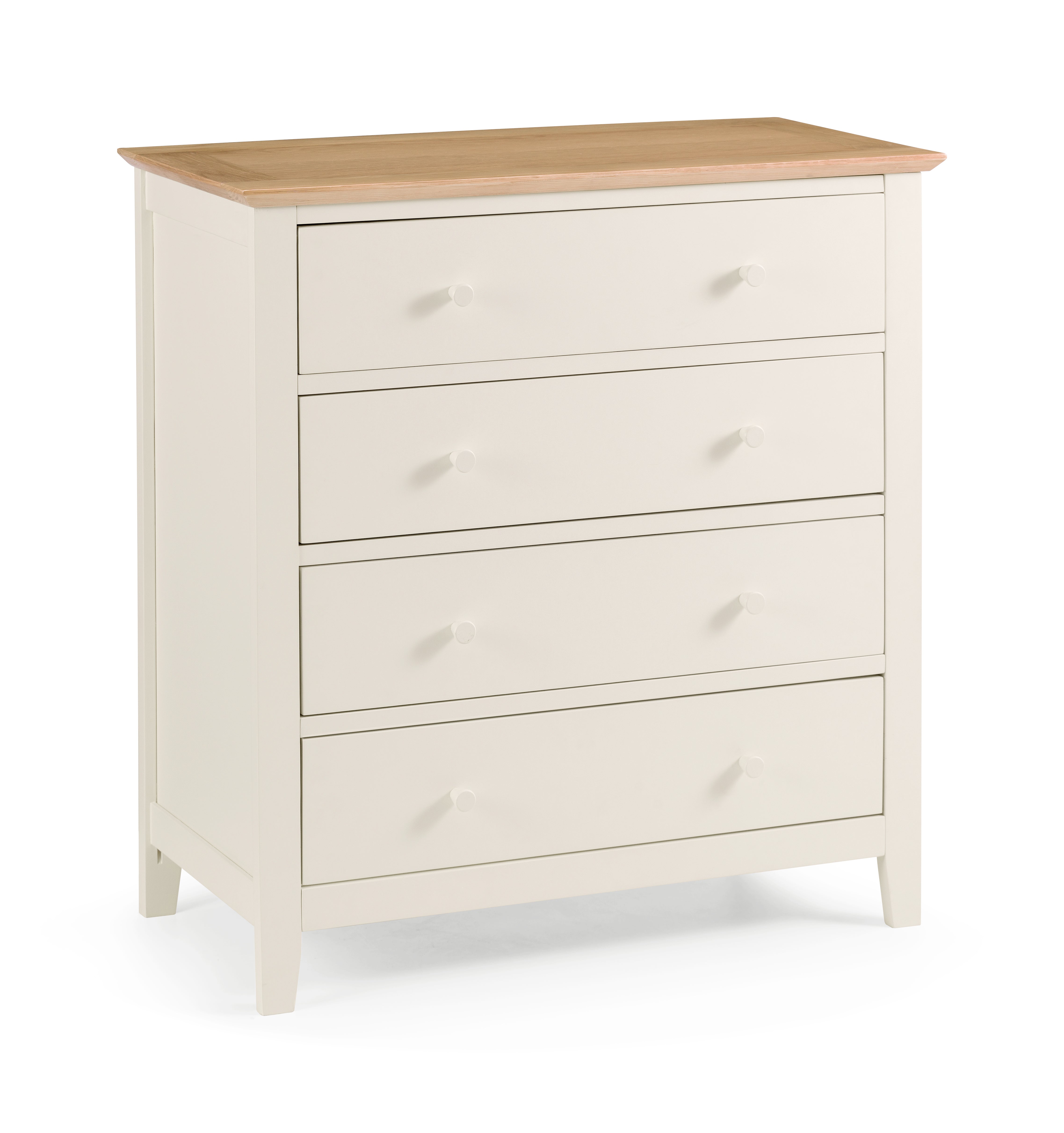 White dresser with wooden top on a white background