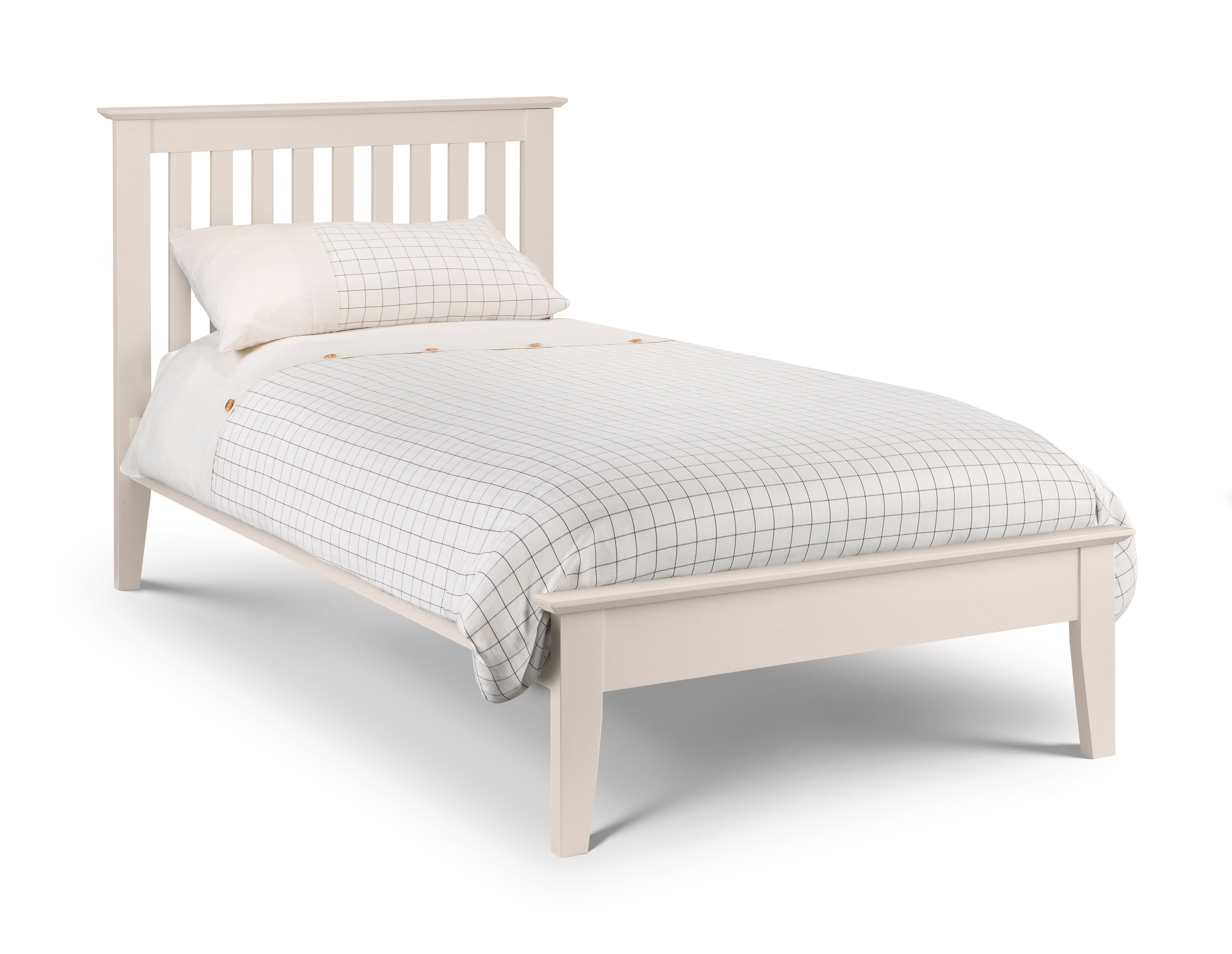 White wooden bed with checkered duvet and pillow on a white background