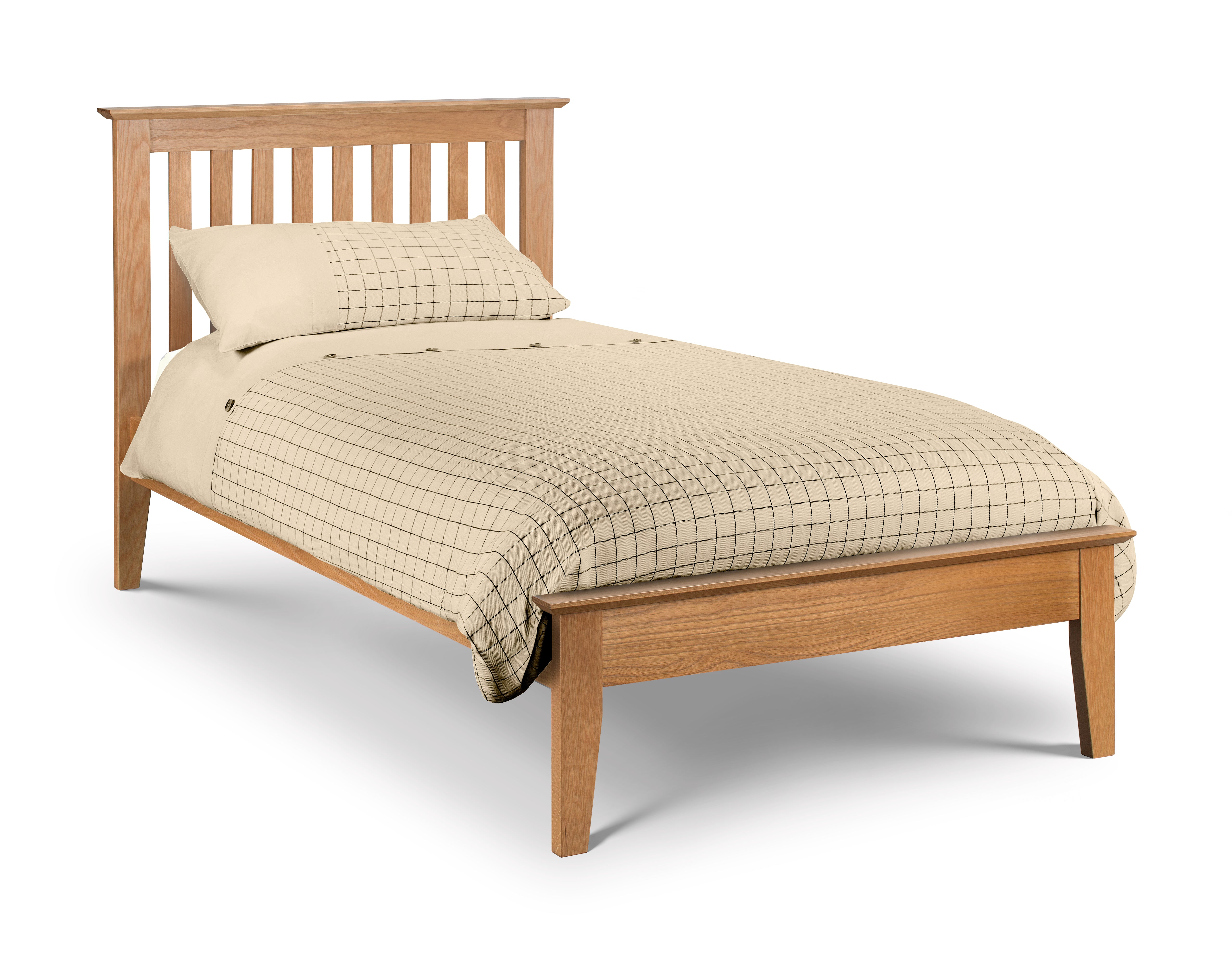 Wooden bed with beige bedding on a white background