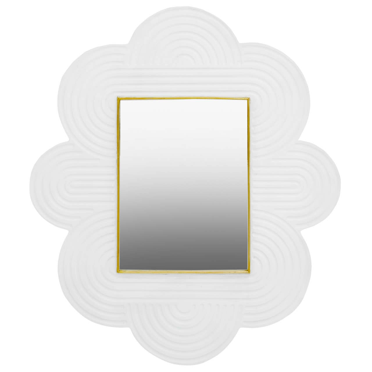 Decorative mirror with a white, wavy frame on a white background