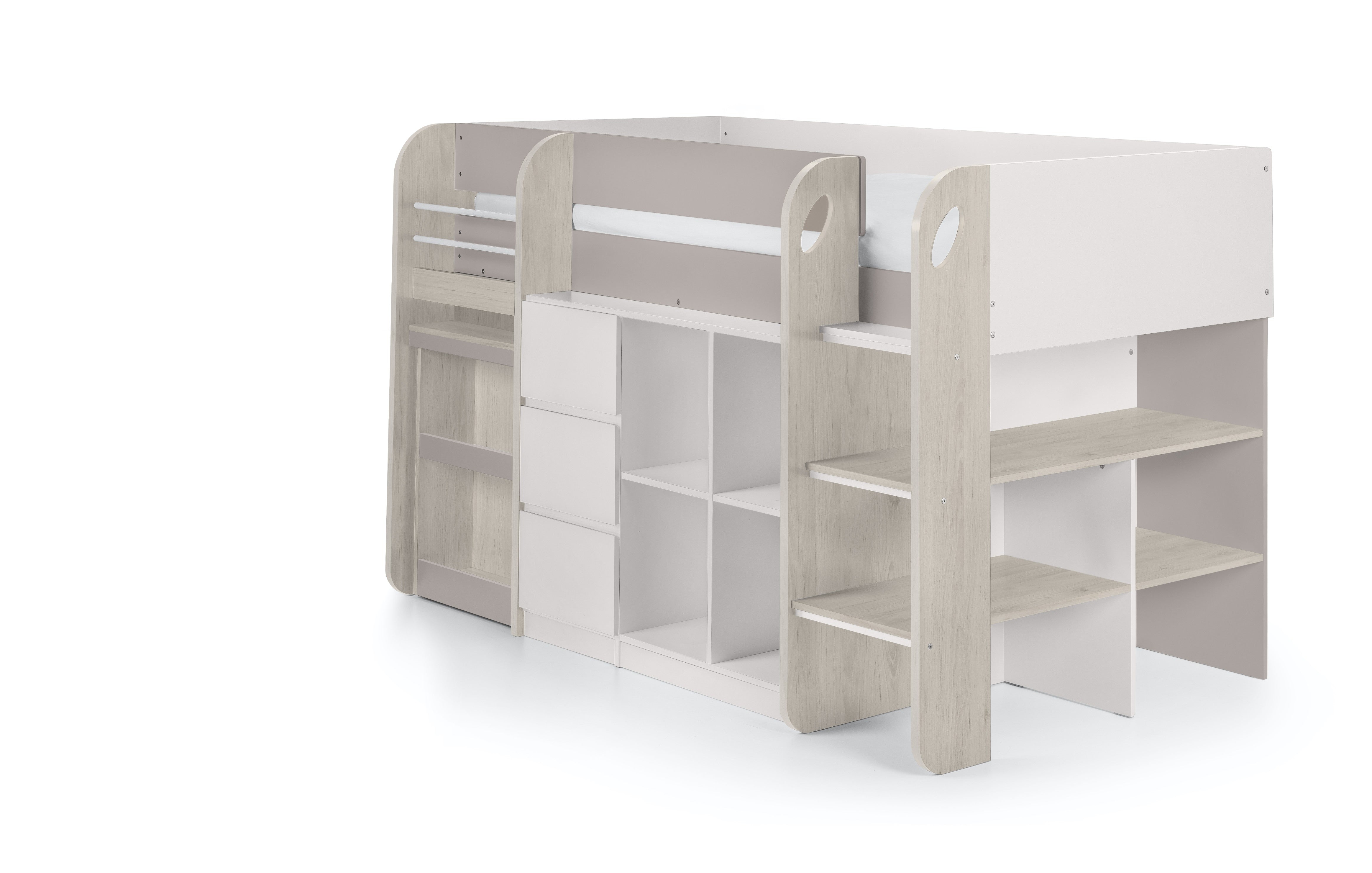 Children's bed with desk and storage shelves on a white background