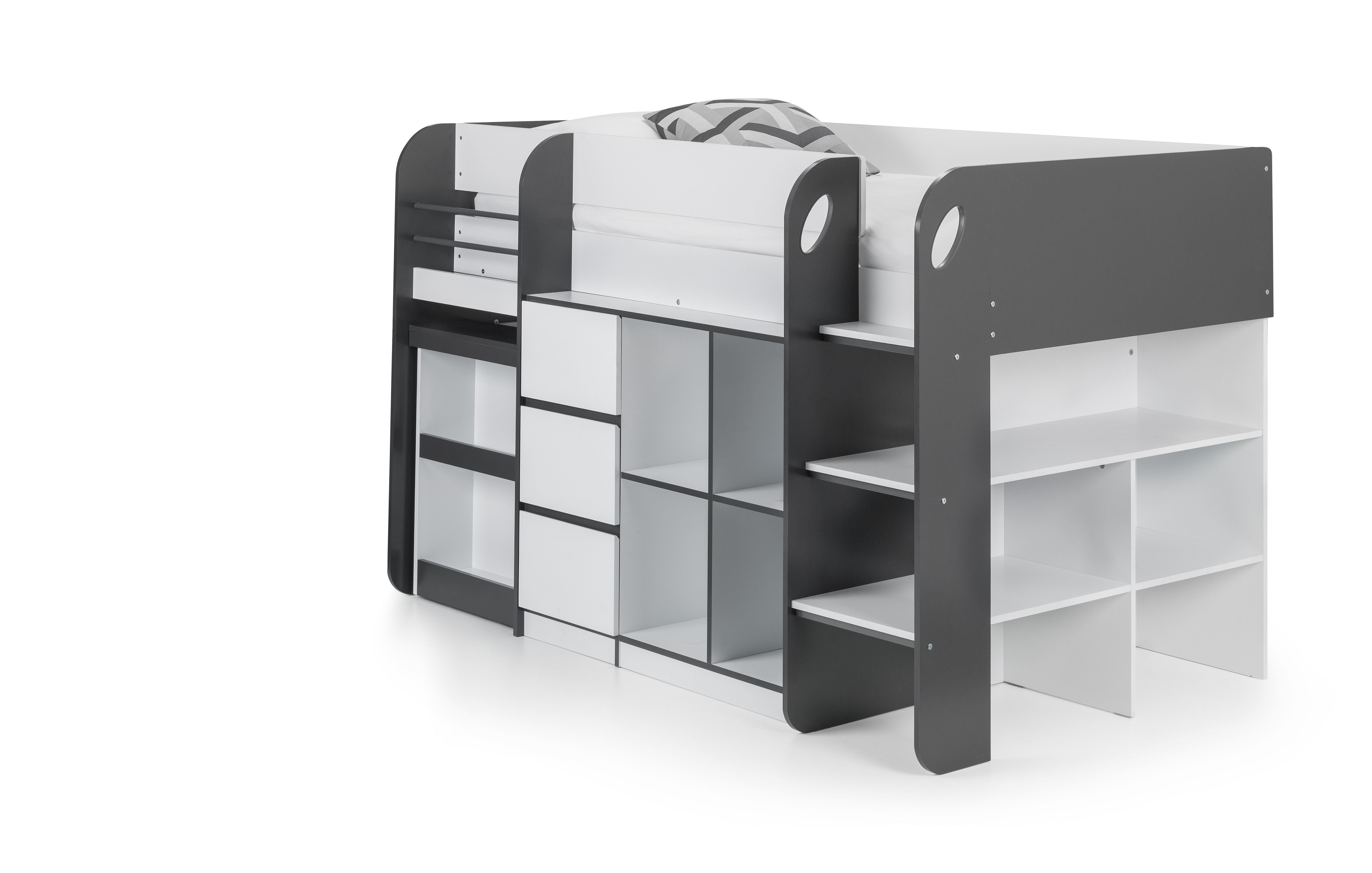 Bunk bed with white top and black sides on a white background