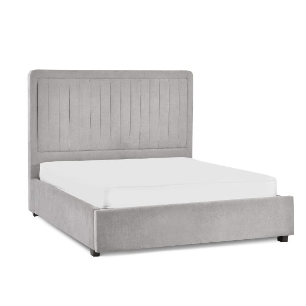 Gray upholstered bed with white mattress on a white background