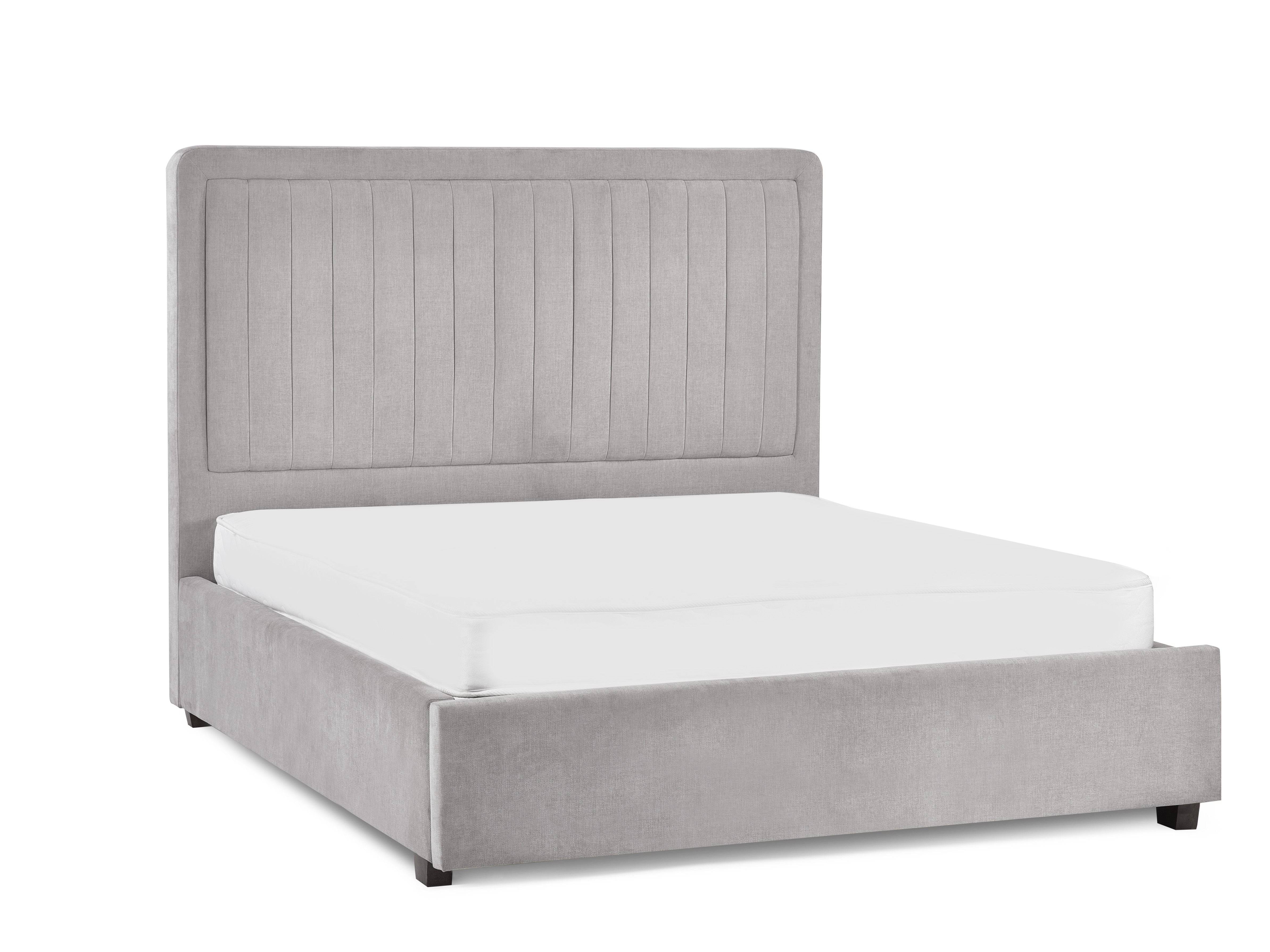 Gray upholstered bed with white mattress on a white background
