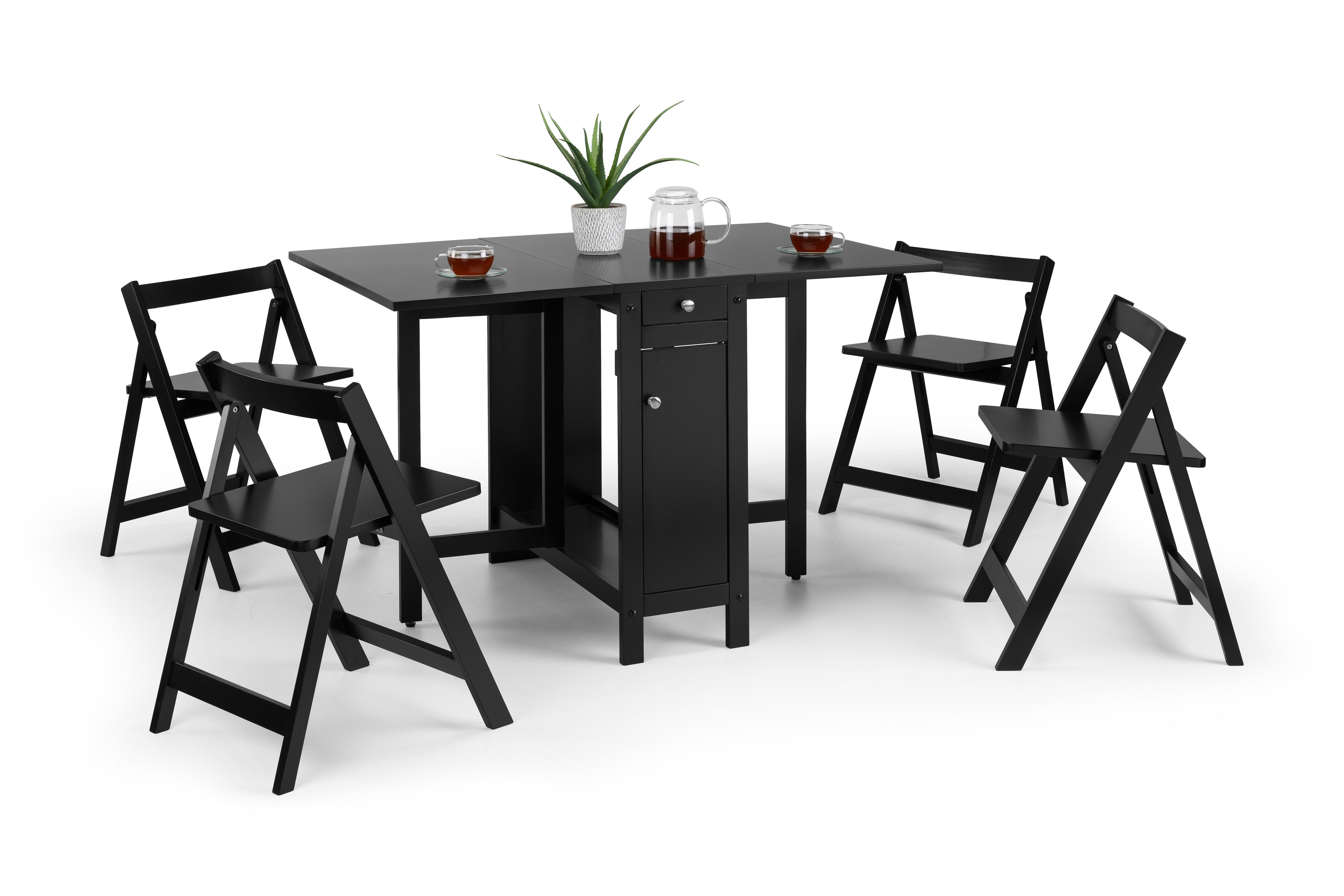 Black dining table with four matching chairs on a white background