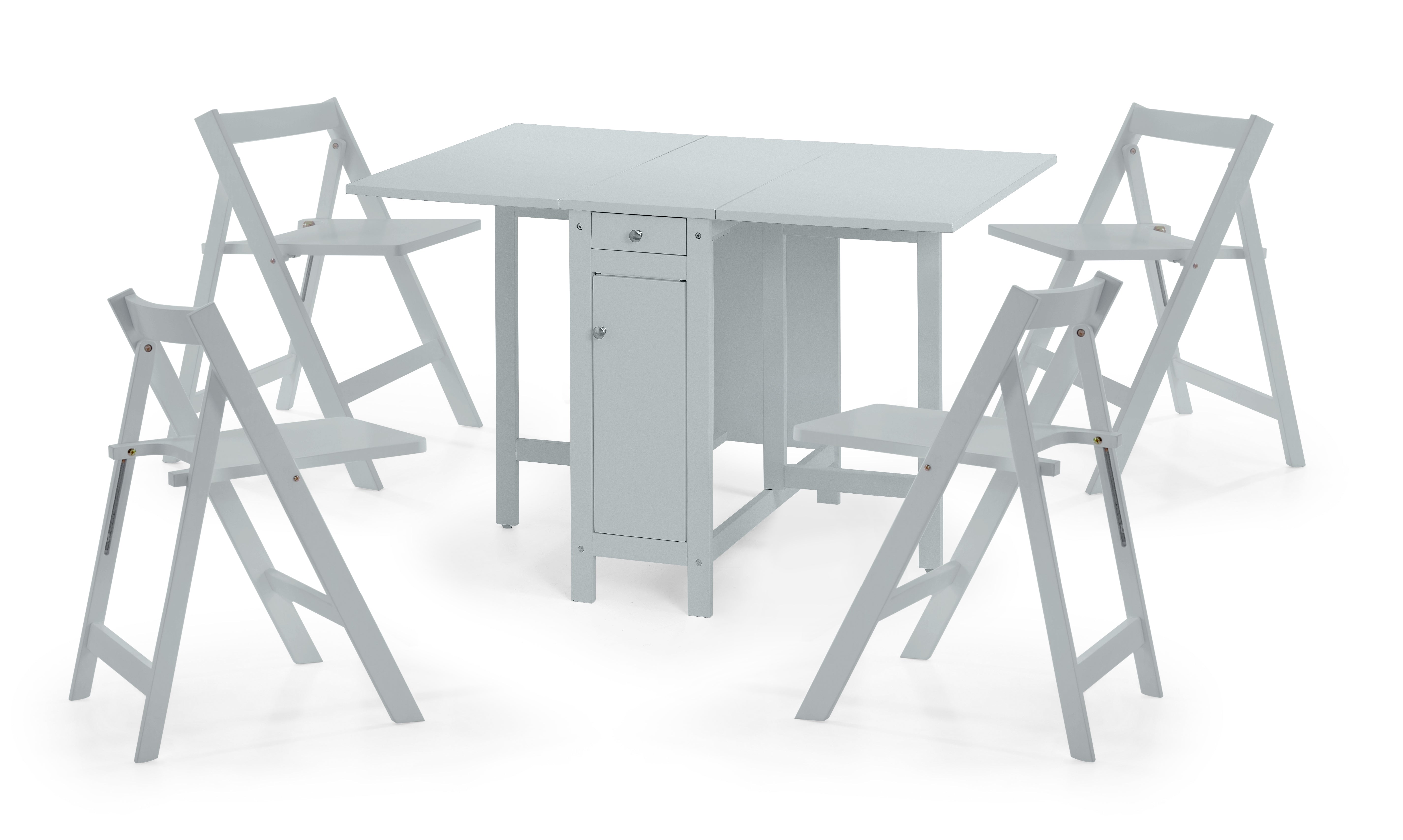 Set of gray folding chairs and a matching table on a white background