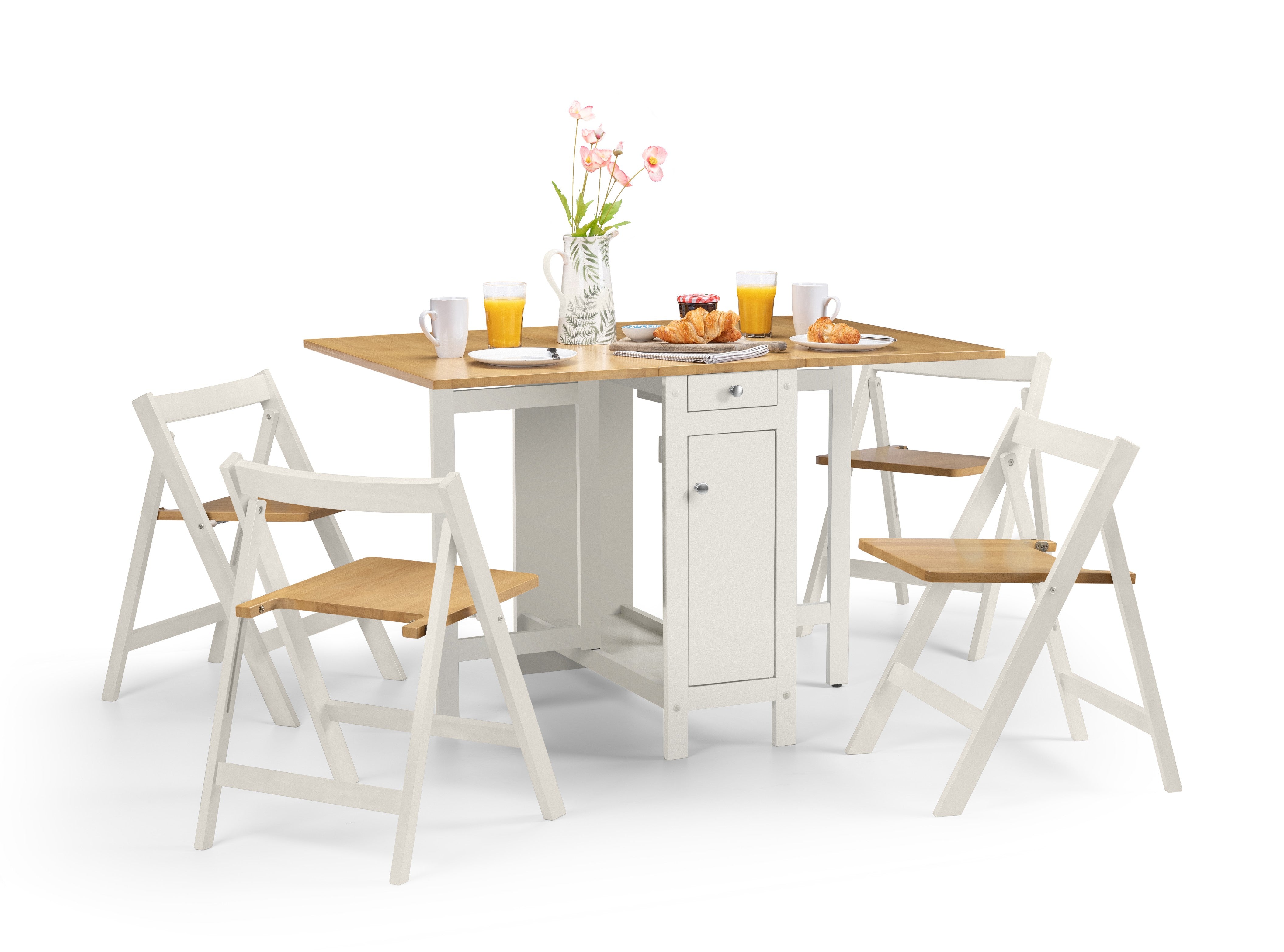 Dining table set with chairs on a white background