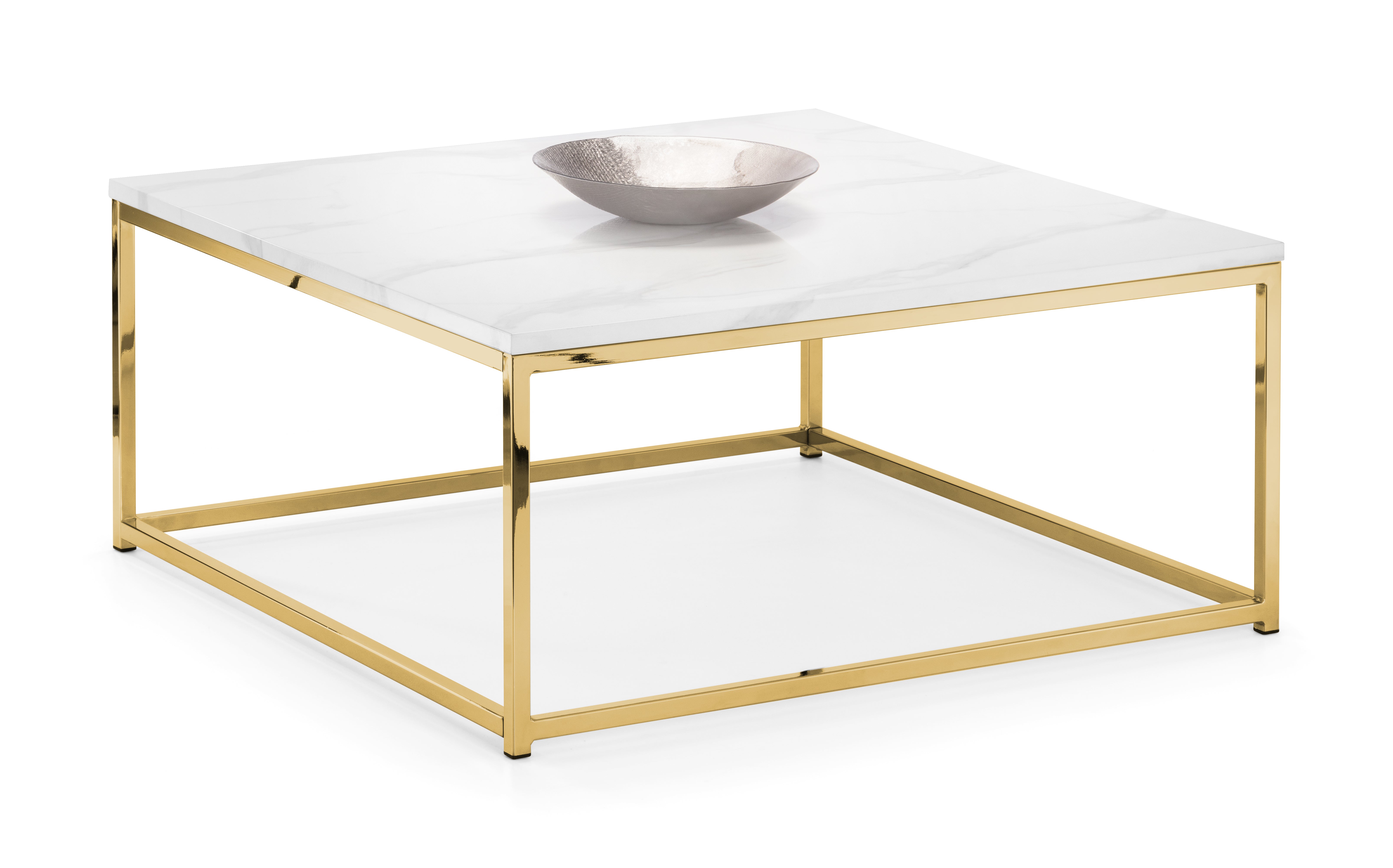 Square coffee table with gold frame and white marble top on a white background